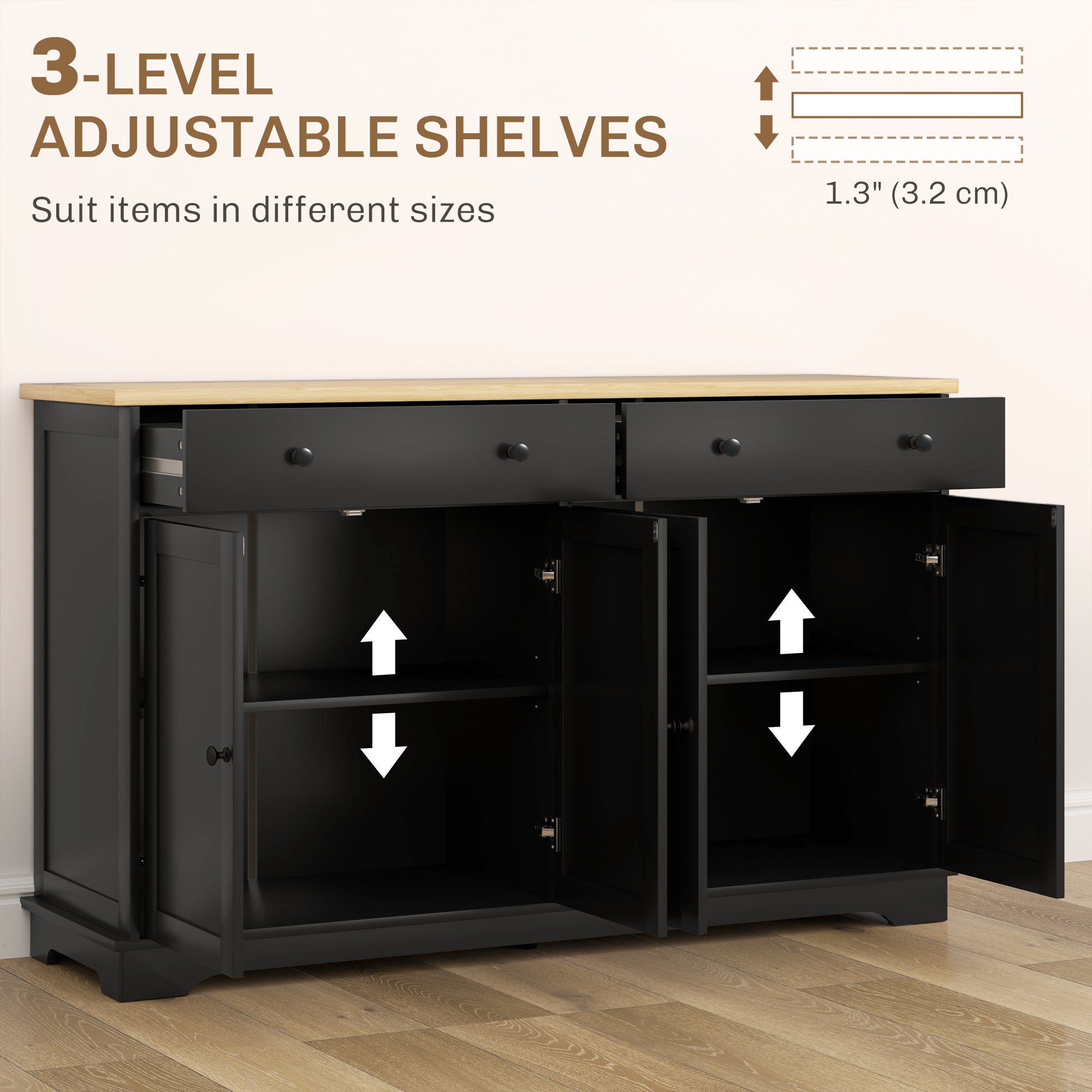Modern Sideboard - Black Buffet Cabinet with 3 Shelves, Storage Drawers-DECOROLALA