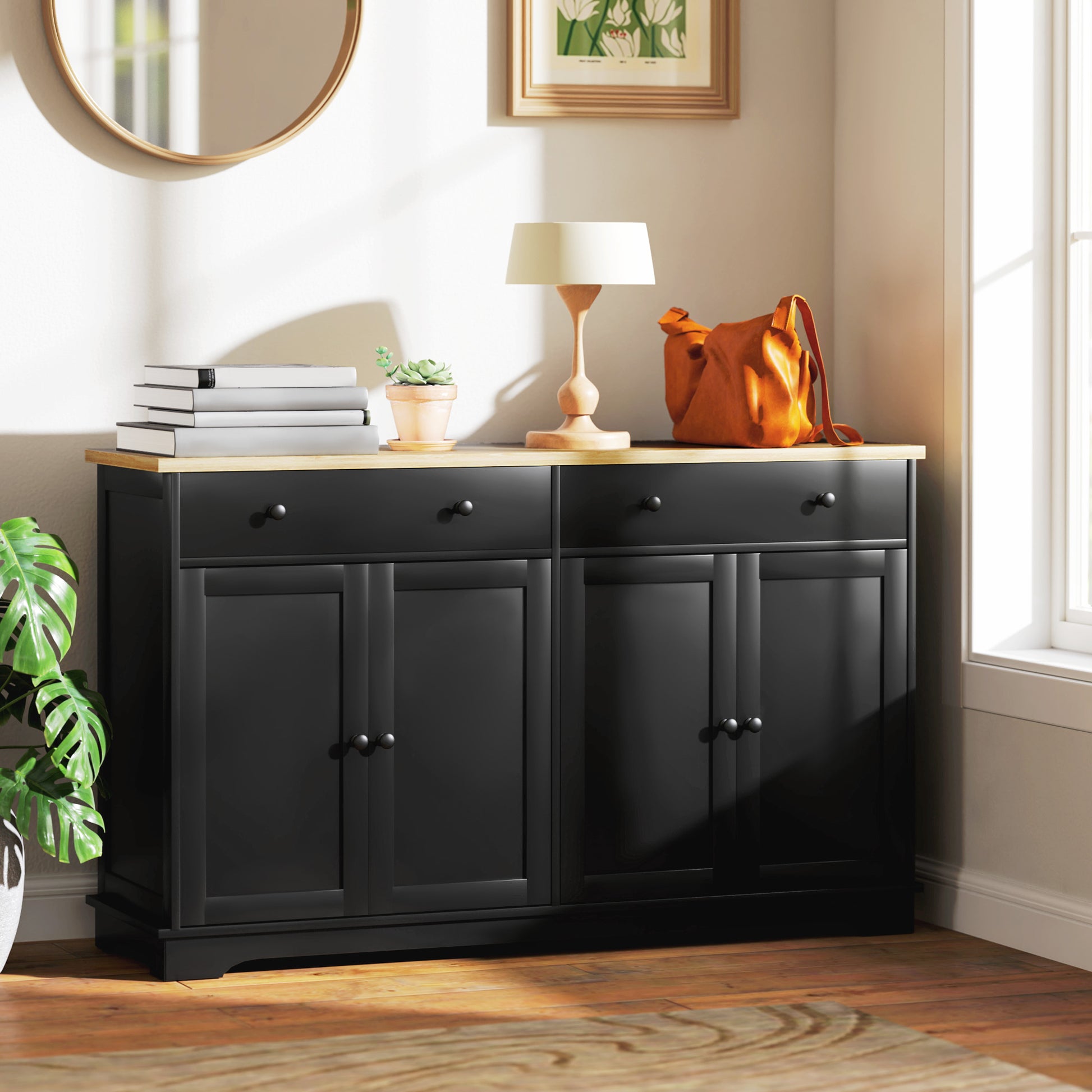 Modern Sideboard - Black Buffet Cabinet with 3 Shelves, Storage Drawers-DECOROLALA