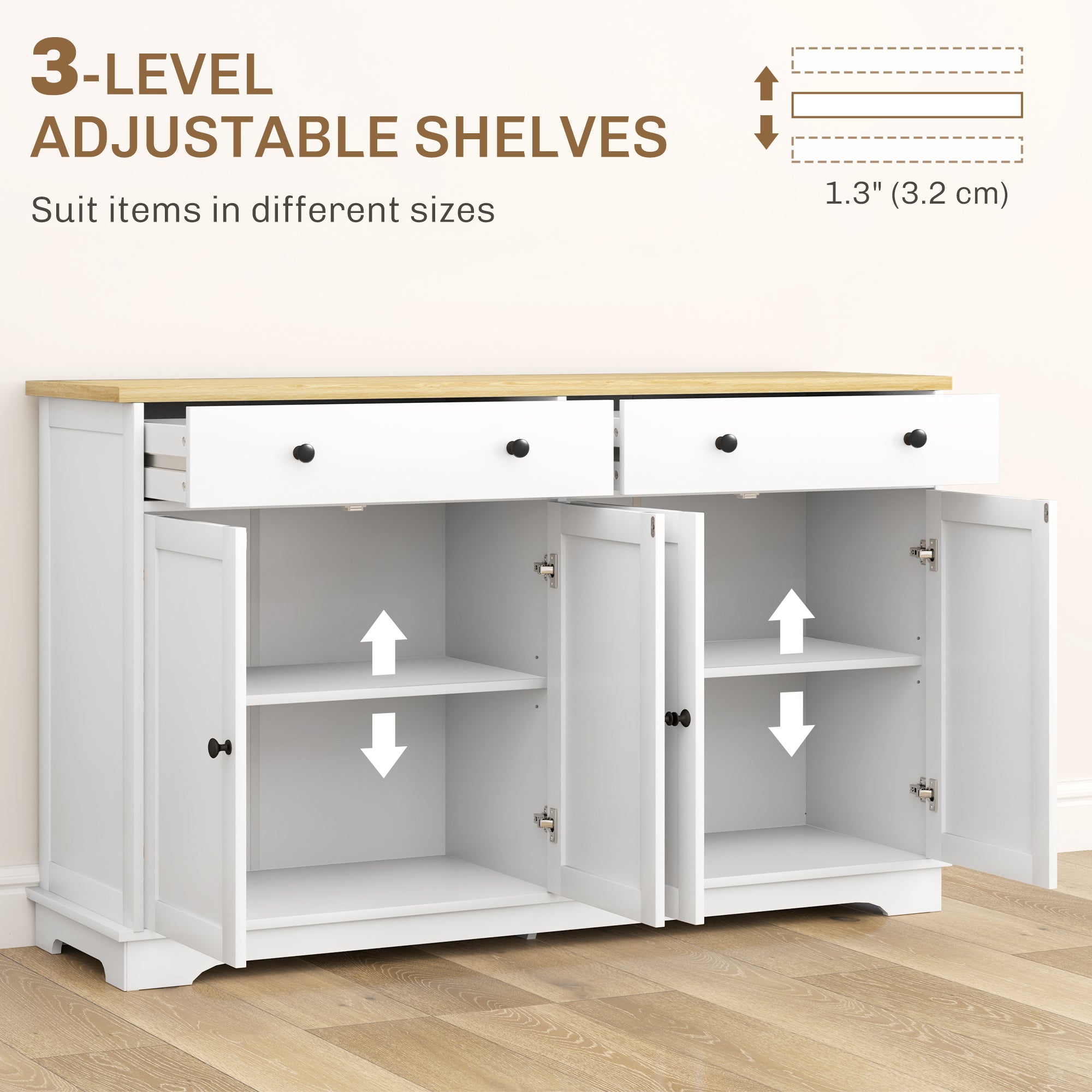 Modern Sideboard, Buffet Cabinet with Storage Drawers, Adjustable Shelves for Living Room, Dining Room, Entryway, White-DECOROLALA