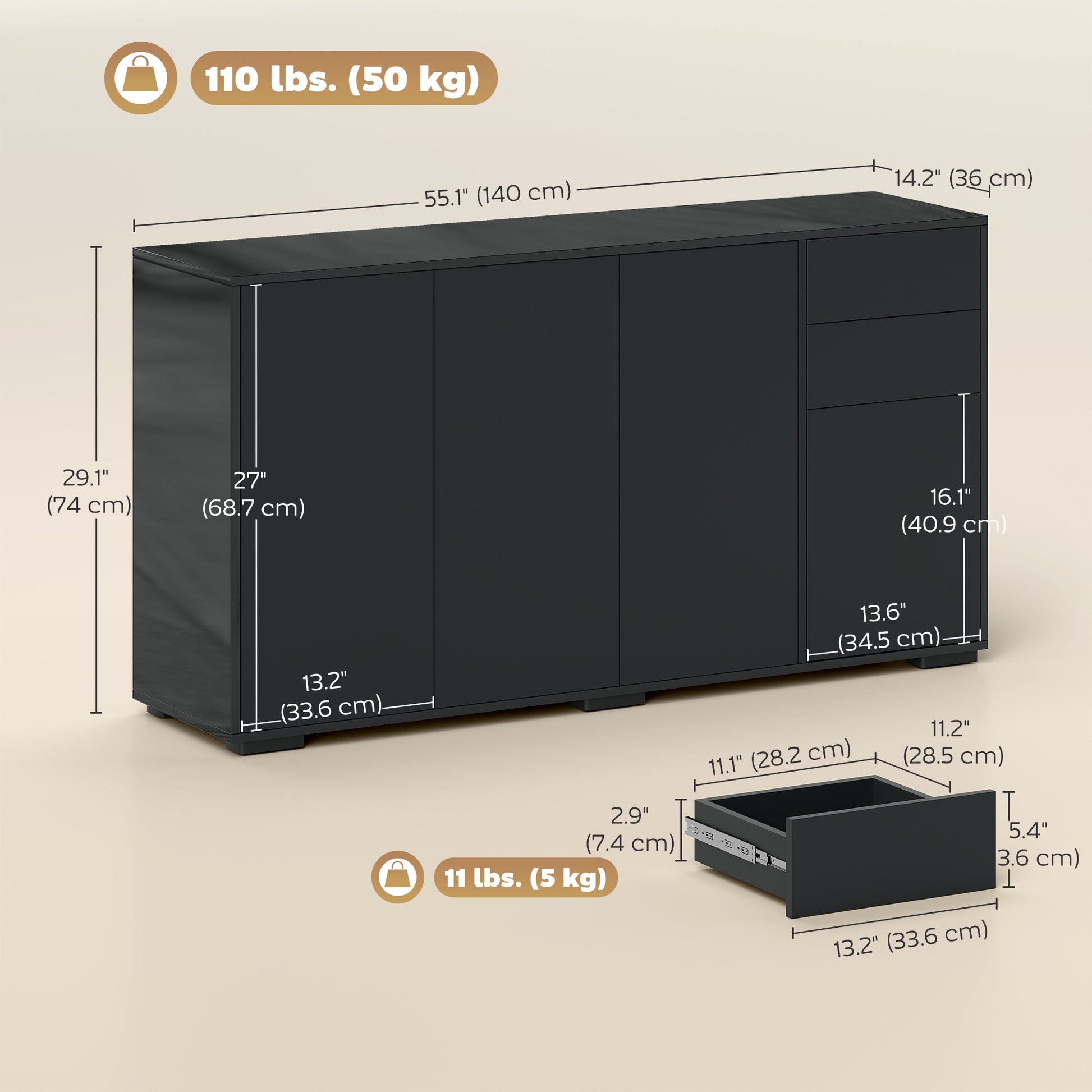 Modern Sideboard Cabinet - Black 55" Push-Open 2 Drawers-DECOROLALA