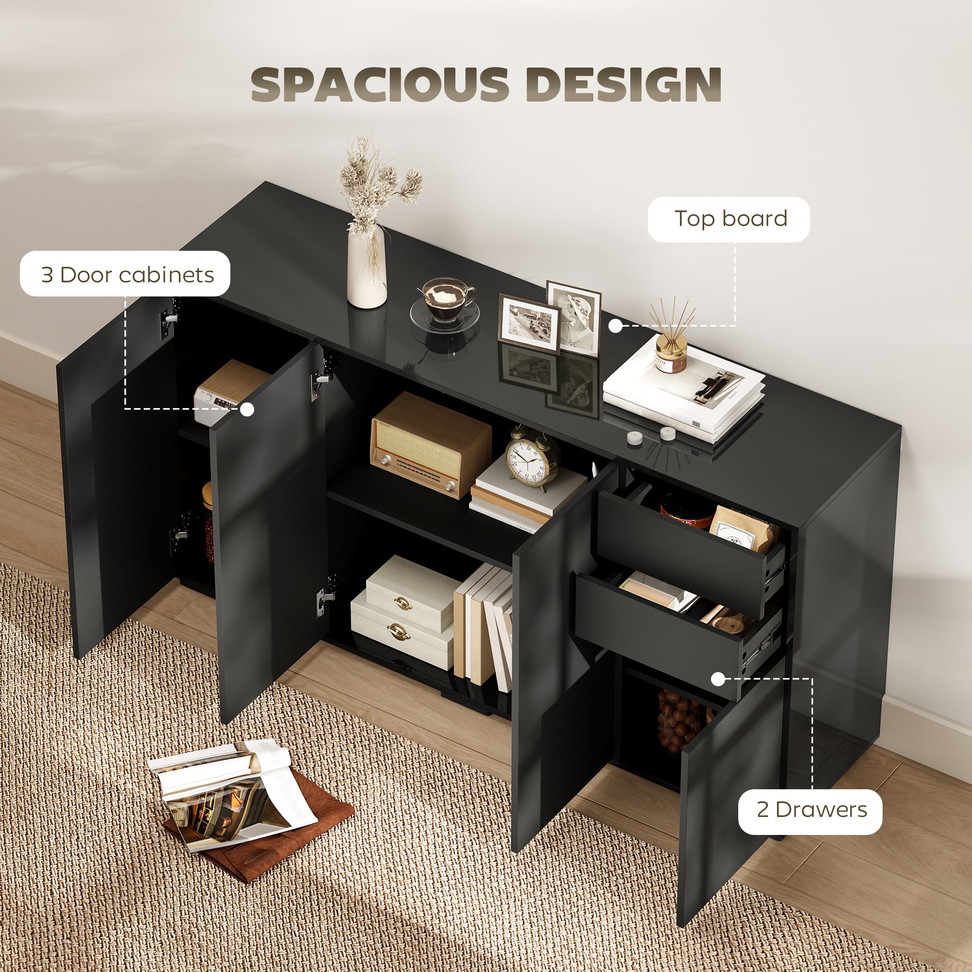 Modern Sideboard Cabinet - Black 55" Push-Open 2 Drawers-DECOROLALA
