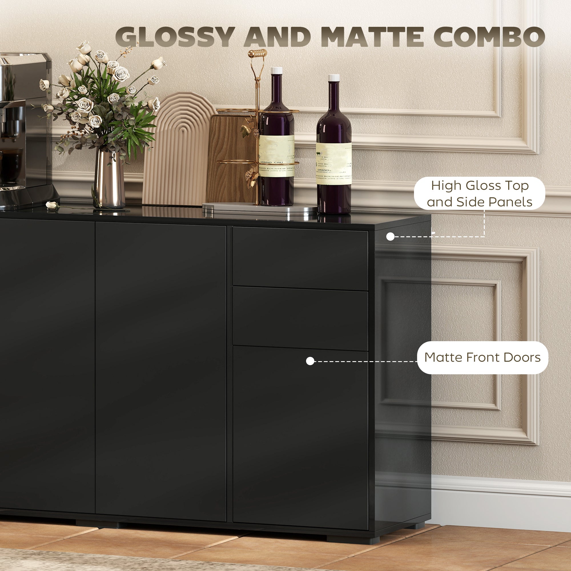 Modern Sideboard Cabinet - Black 55" Push-Open 2 Drawers-DECOROLALA