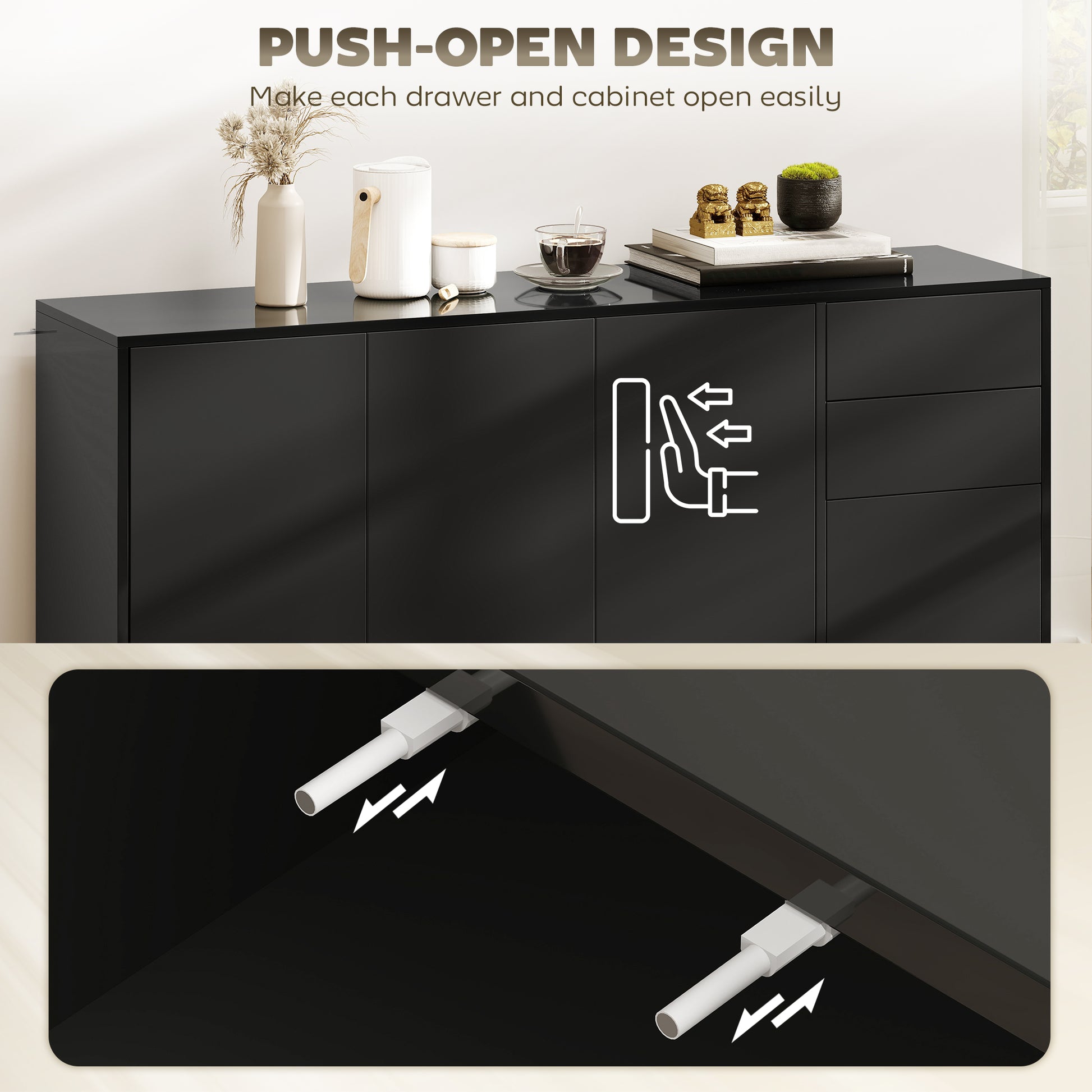 Modern Sideboard Cabinet - Black 55" Push-Open 2 Drawers-DECOROLALA