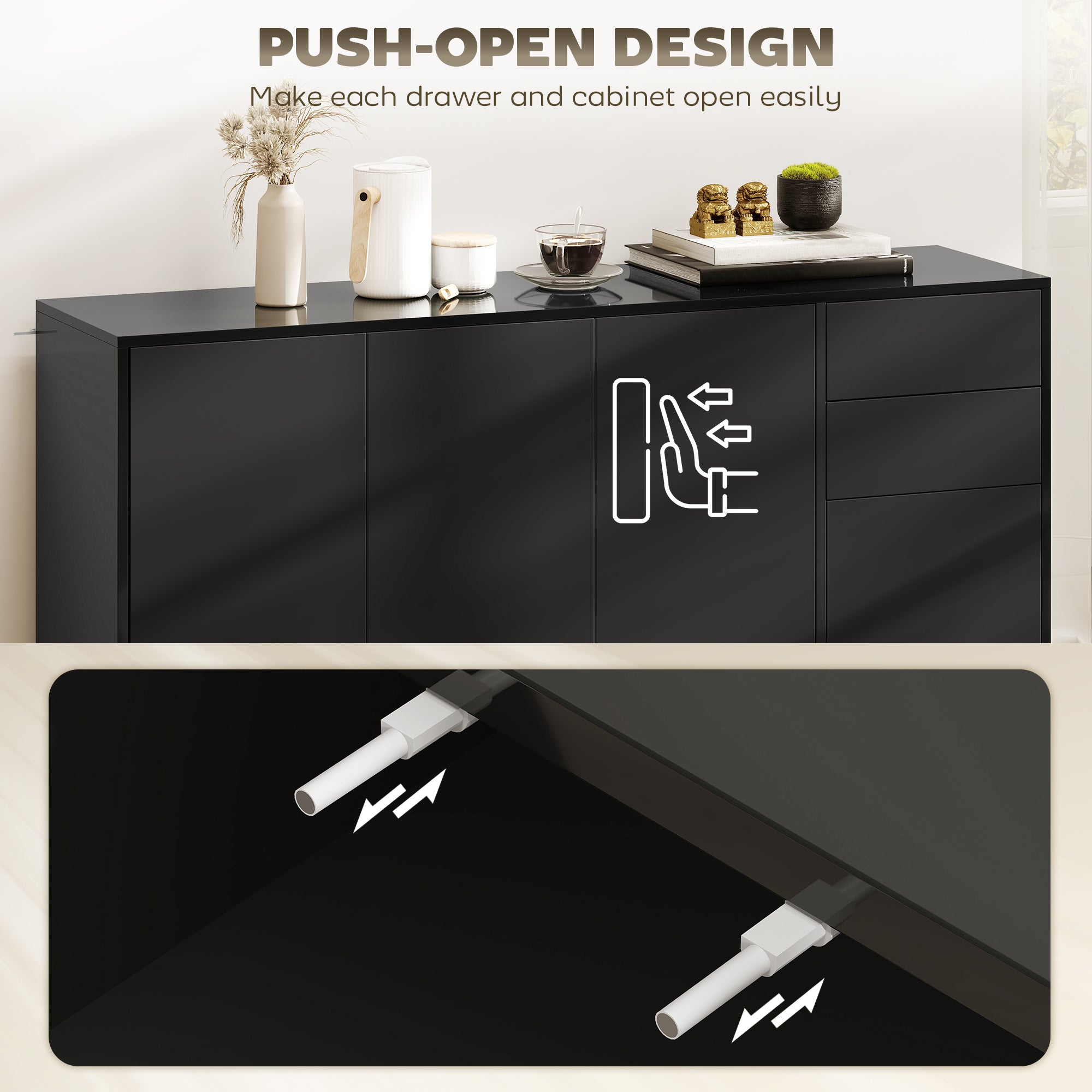 Modern Sideboard Cabinet - Black 55" Push-Open 2 Drawers-DECOROLALA