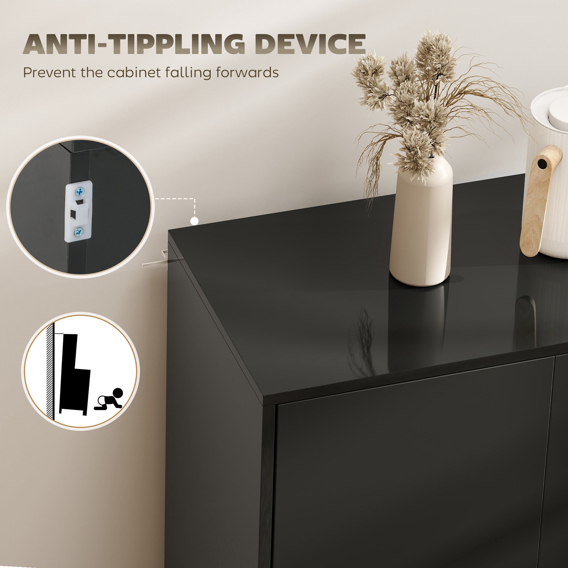 Modern Sideboard Cabinet - Black 55" Push-Open 2 Drawers-DECOROLALA