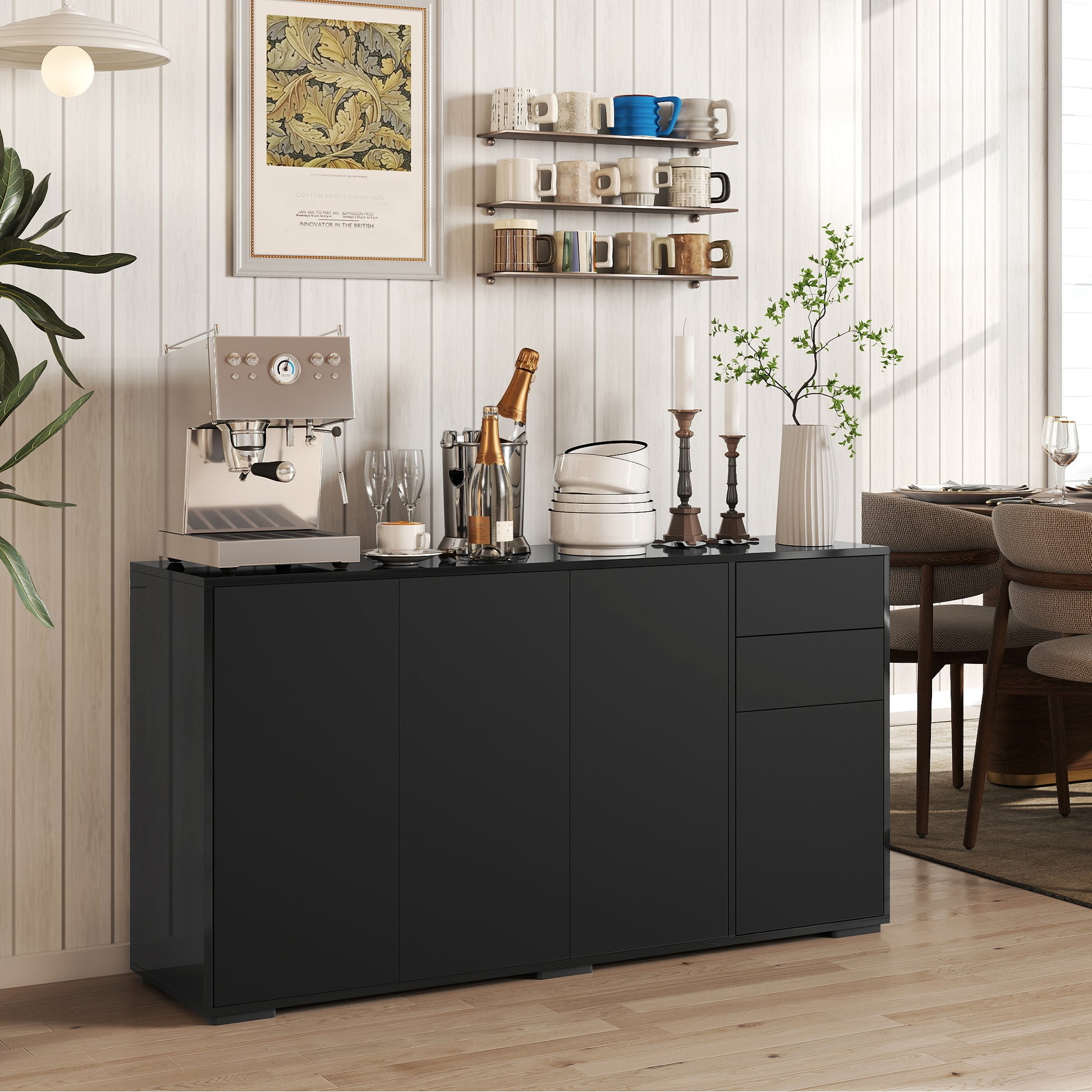 Modern Sideboard Cabinet - Black 55" Push-Open 2 Drawers-DECOROLALA