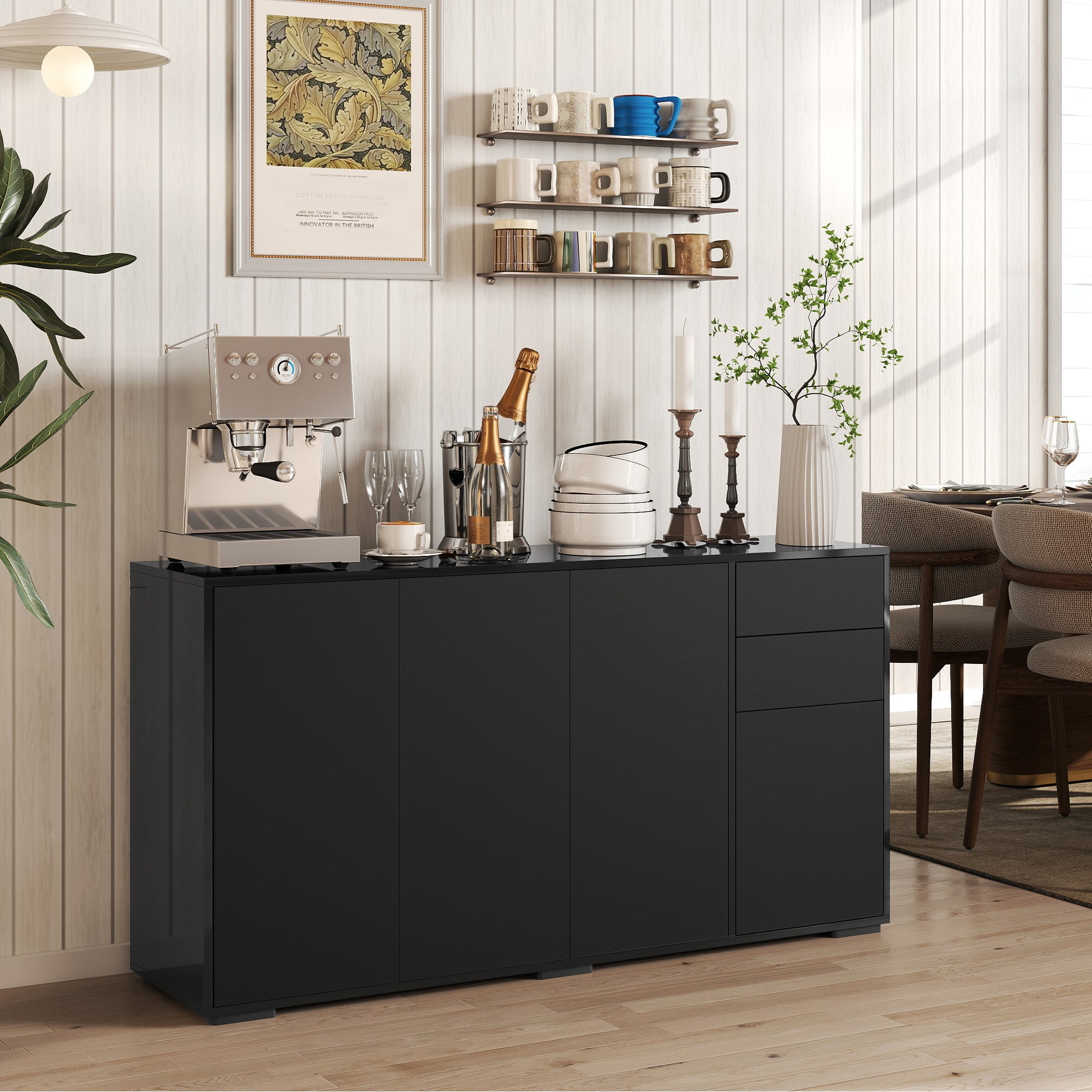 Modern Sideboard Cabinet - Black 55" Push-Open 2 Drawers-DECOROLALA