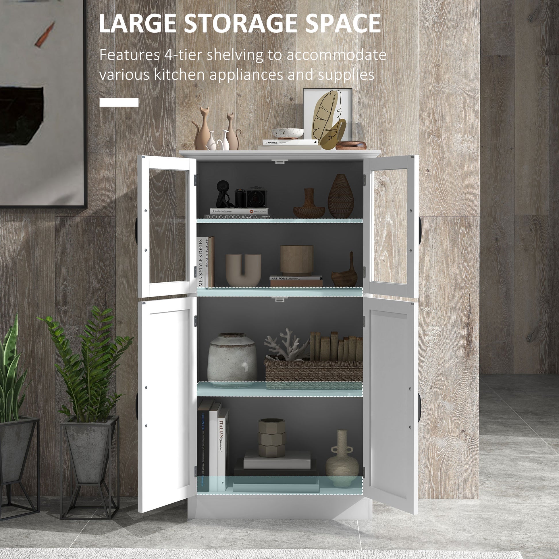 Modern Sideboard Cabinet, Freestanding Sideboards and Buffets with Glass Doors, 4-tier Shelving and Adjustable Shelves-Home Furnishings > Storage & Organization > Kitchen Pantry Cabinets-DECOROLALA