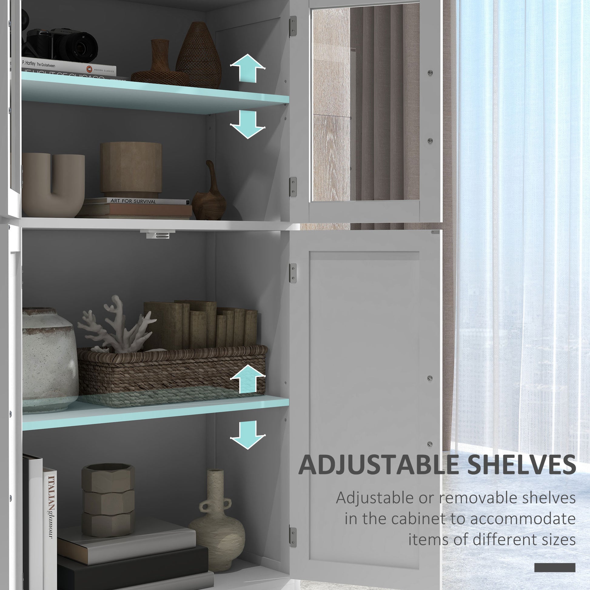 Modern Sideboard Cabinet, Freestanding Sideboards and Buffets with Glass Doors, 4-tier Shelving and Adjustable Shelves-Home Furnishings > Storage & Organization > Kitchen Pantry Cabinets-DECOROLALA
