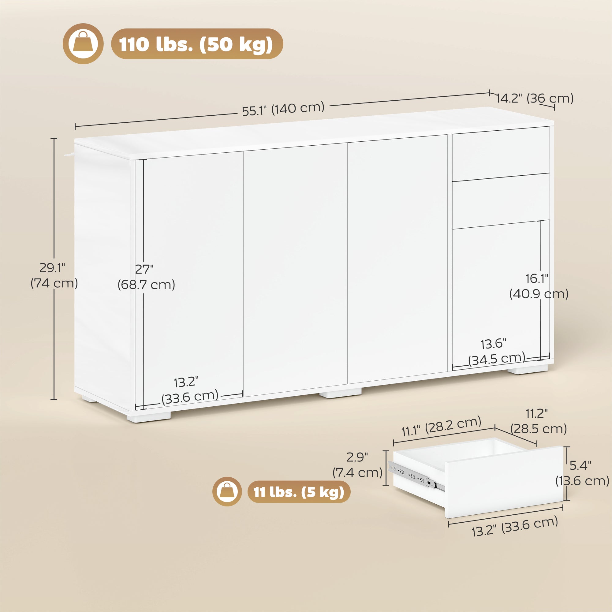 Modern Sideboard Cabinet - White 55" Push-Open 2 Drawers-DECOROLALA