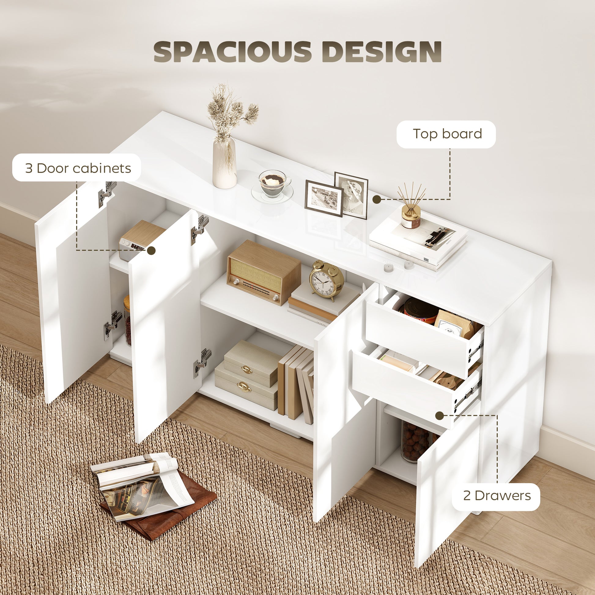 Modern Sideboard Cabinet - White 55" Push-Open 2 Drawers-DECOROLALA