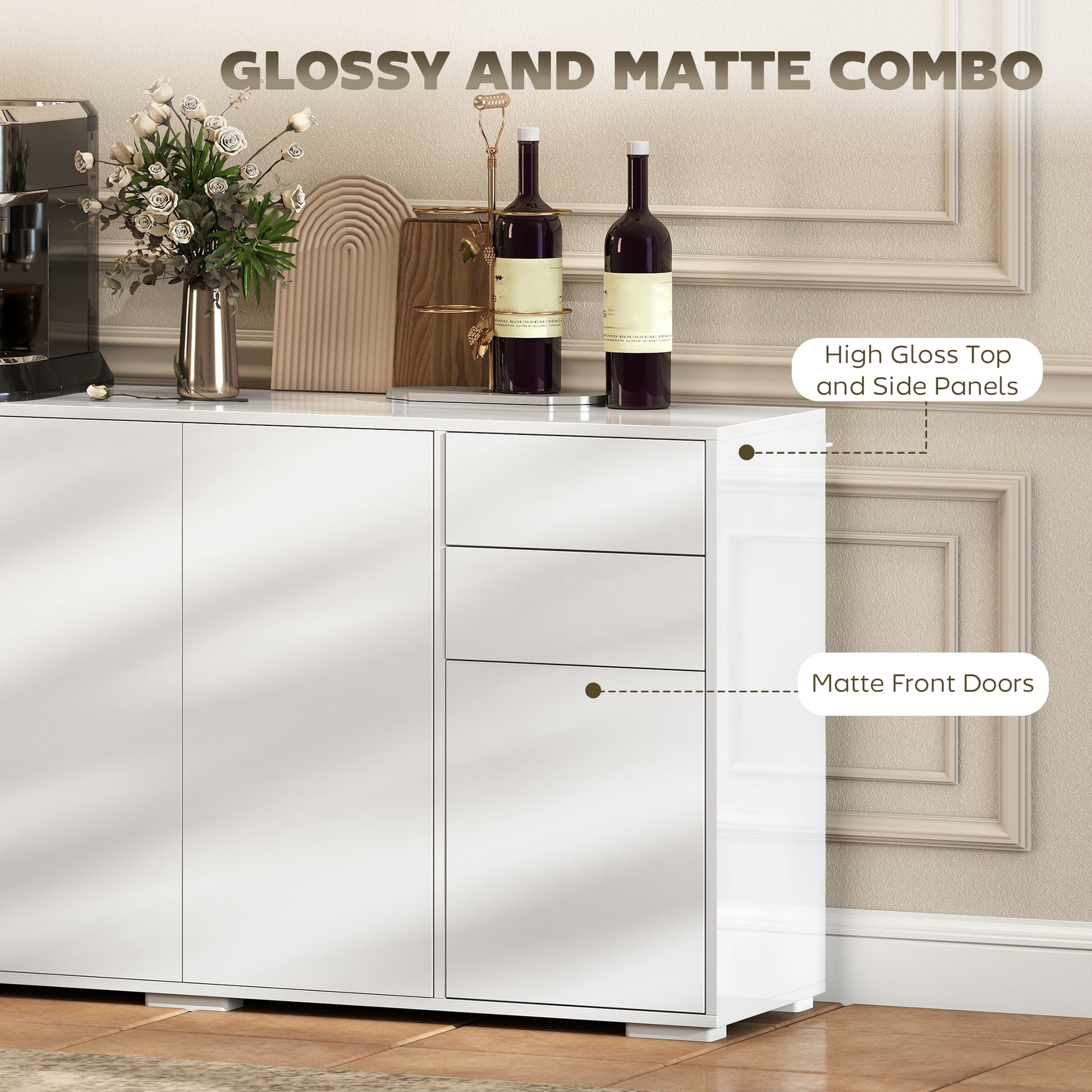 Modern Sideboard Cabinet - White 55" Push-Open 2 Drawers-DECOROLALA