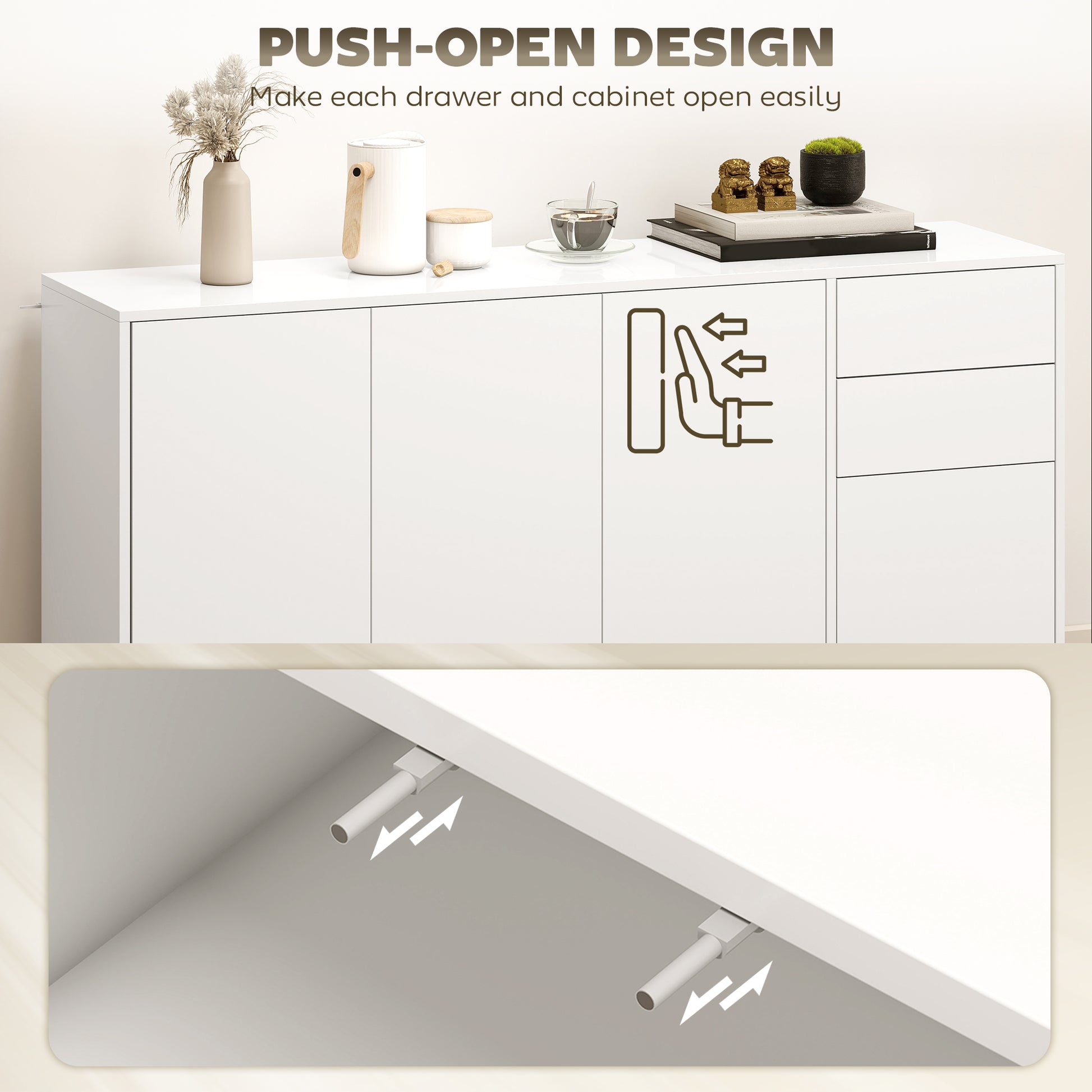 Modern Sideboard Cabinet - White 55" Push-Open 2 Drawers-DECOROLALA