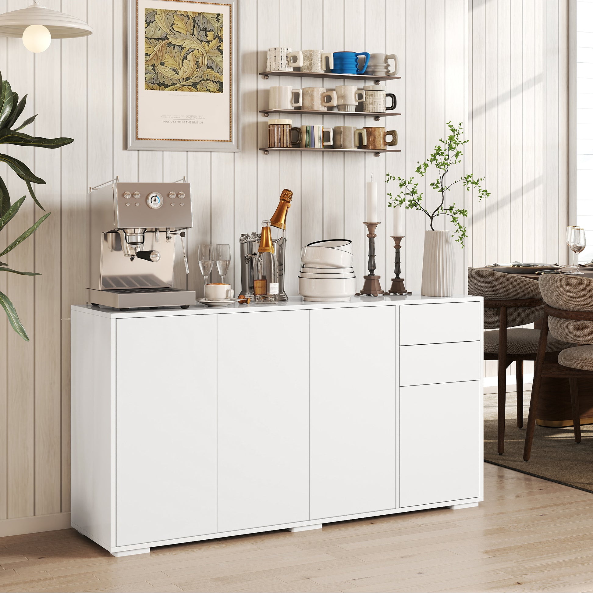 Modern Sideboard Cabinet - White 55" Push-Open 2 Drawers-DECOROLALA
