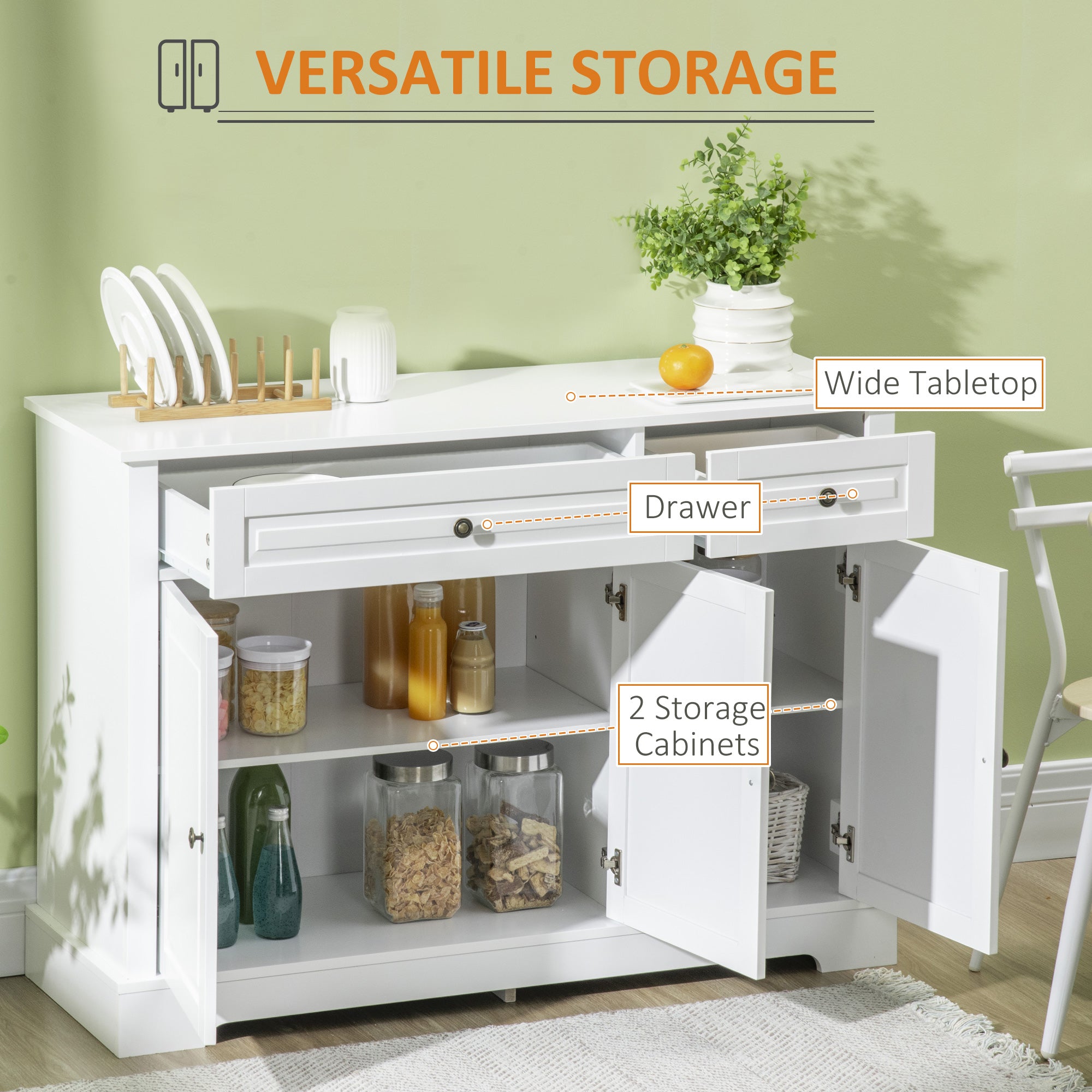 Modern Sideboard Cabinet - White with 2 Drawers & Shelves-DECOROLALA