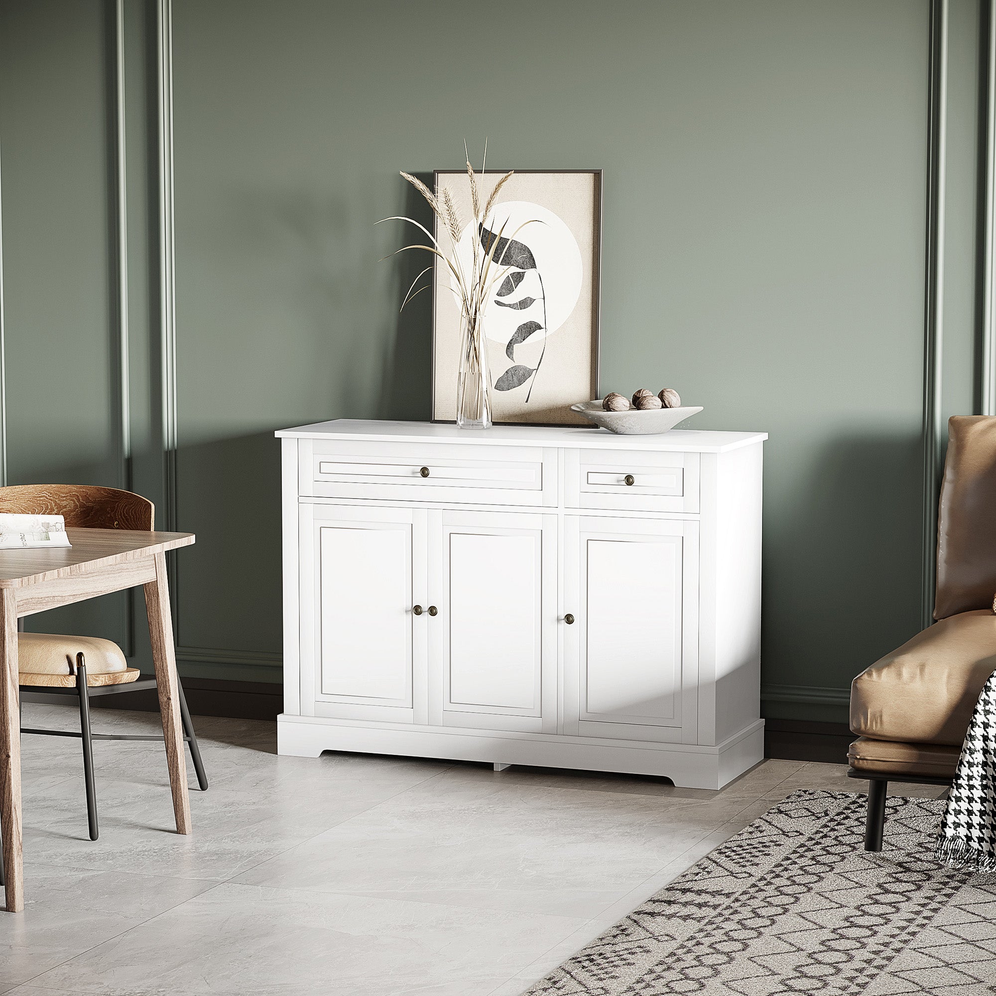 Modern Sideboard Cabinet - White with 2 Drawers & Shelves-DECOROLALA