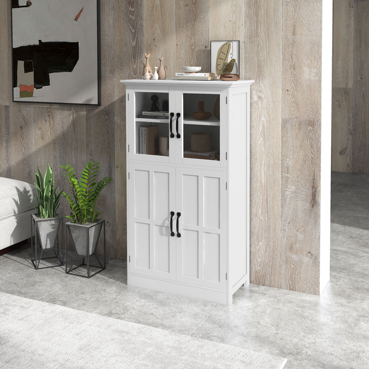 Modern Sideboard Cabinet with Glass Doors - White 43.5"-Home Furnishings > Storage & Organization > Kitchen Pantry Cabinets-DECOROLALA