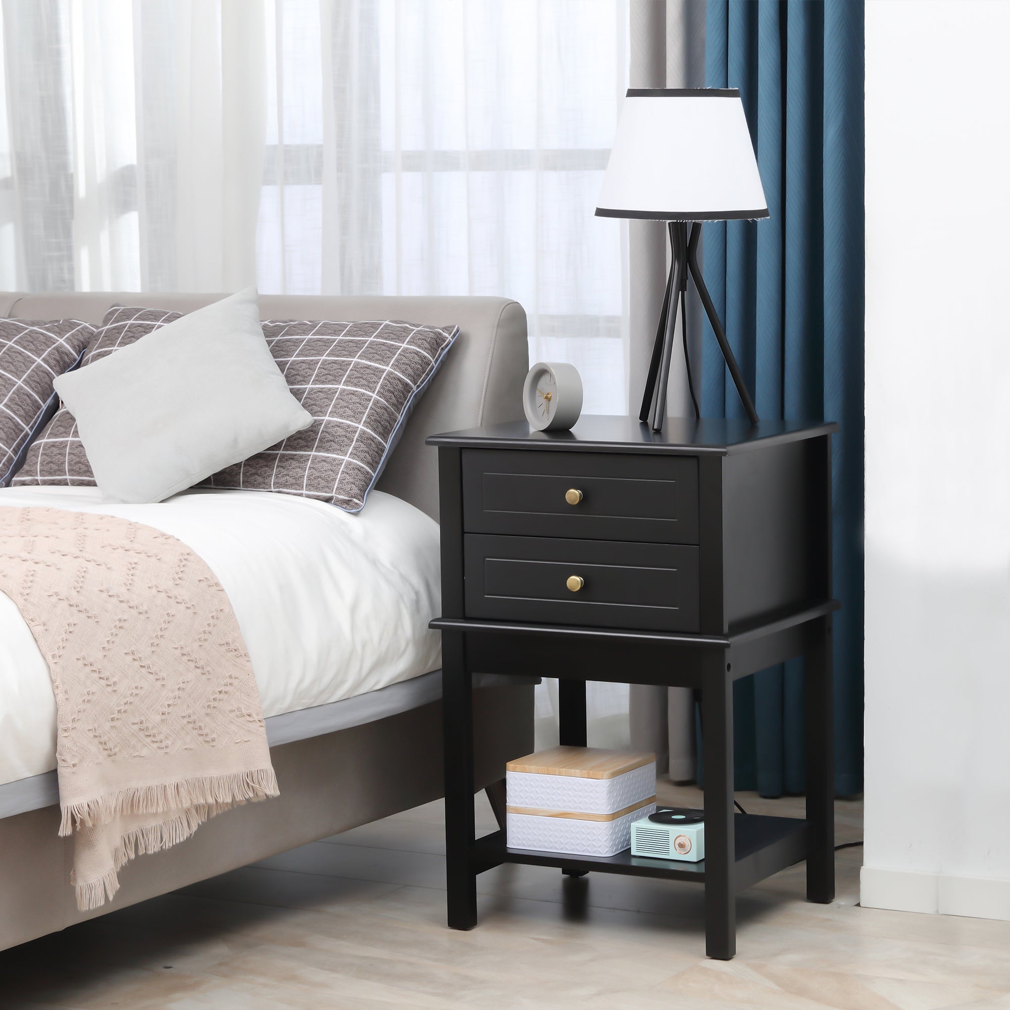 Modern Sofa Side Table, Accent End Table with Drawers and Storage Shelf, Nightstand for Bedroom Living Room, Black-Home Furnishings > Living Room Furniture > Side¬†Tables-DECOROLALA