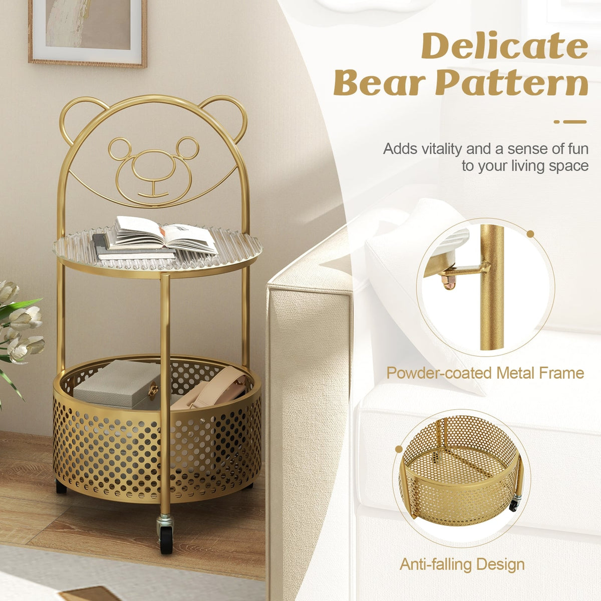 Modern Sofa Side Table on Lockable Wheels for Living Room Bedroom Study-Gold-End & Side Tables-DECOROLALA