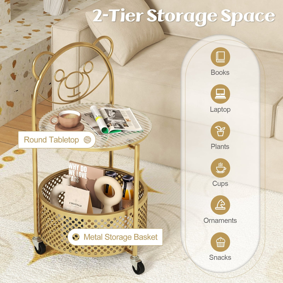 Modern Sofa Side Table on Lockable Wheels for Living Room Bedroom Study-Gold-End & Side Tables-DECOROLALA