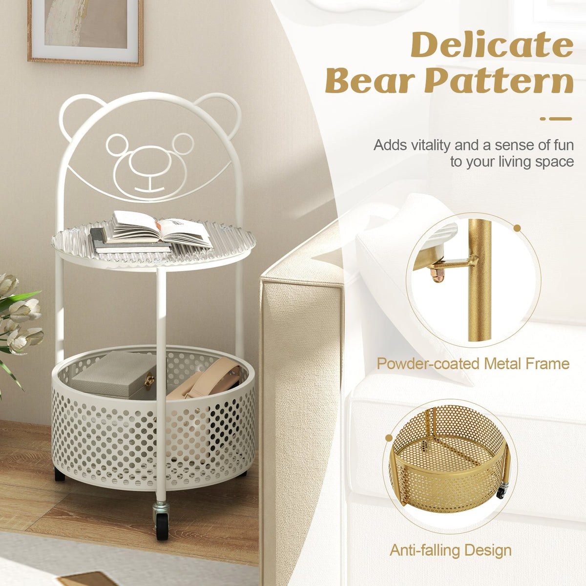 Modern Sofa Side Table on Lockable Wheels for Living Room Bedroom Study-White-End & Side Tables-DECOROLALA