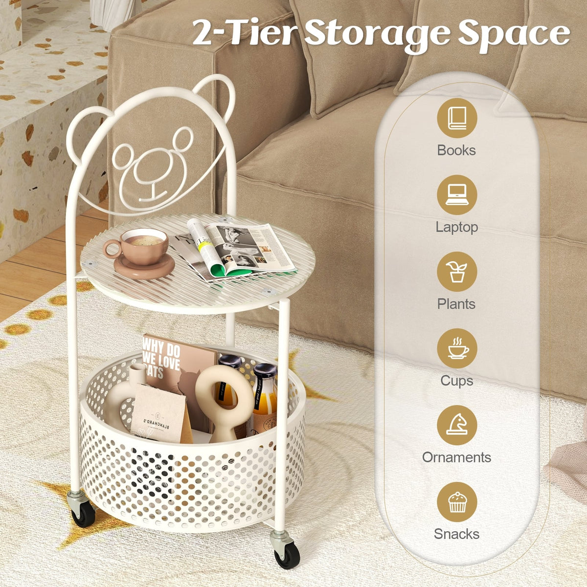 Modern Sofa Side Table on Lockable Wheels for Living Room Bedroom Study-White-End & Side Tables-DECOROLALA