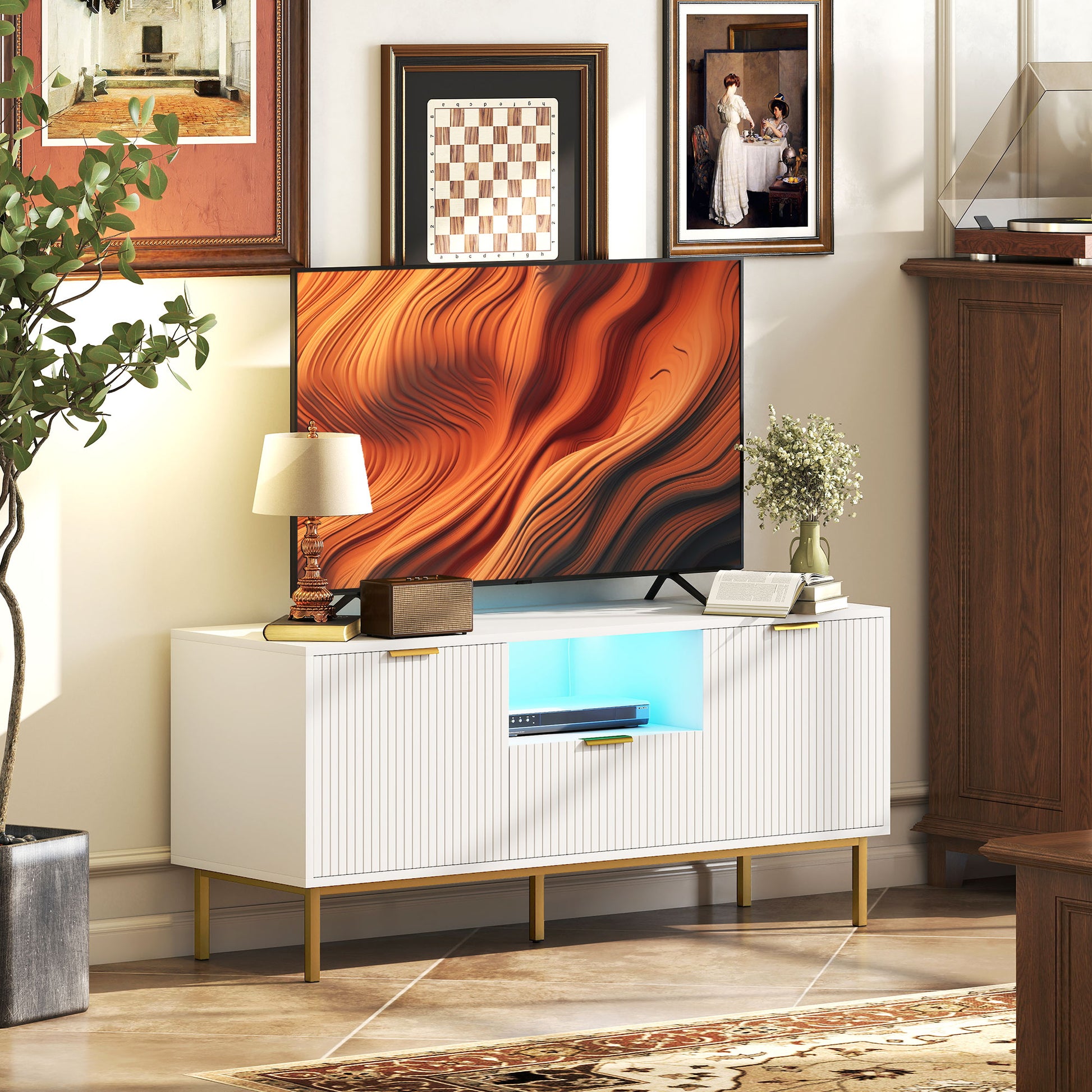 Modern TV Console for TVs up to 50 Inch, Entertainment Center with Smart RGB LED Lights and Soft Close Doors, White-Home Furnishings > Living Room Furniture > TV¬†Stands-DECOROLALA