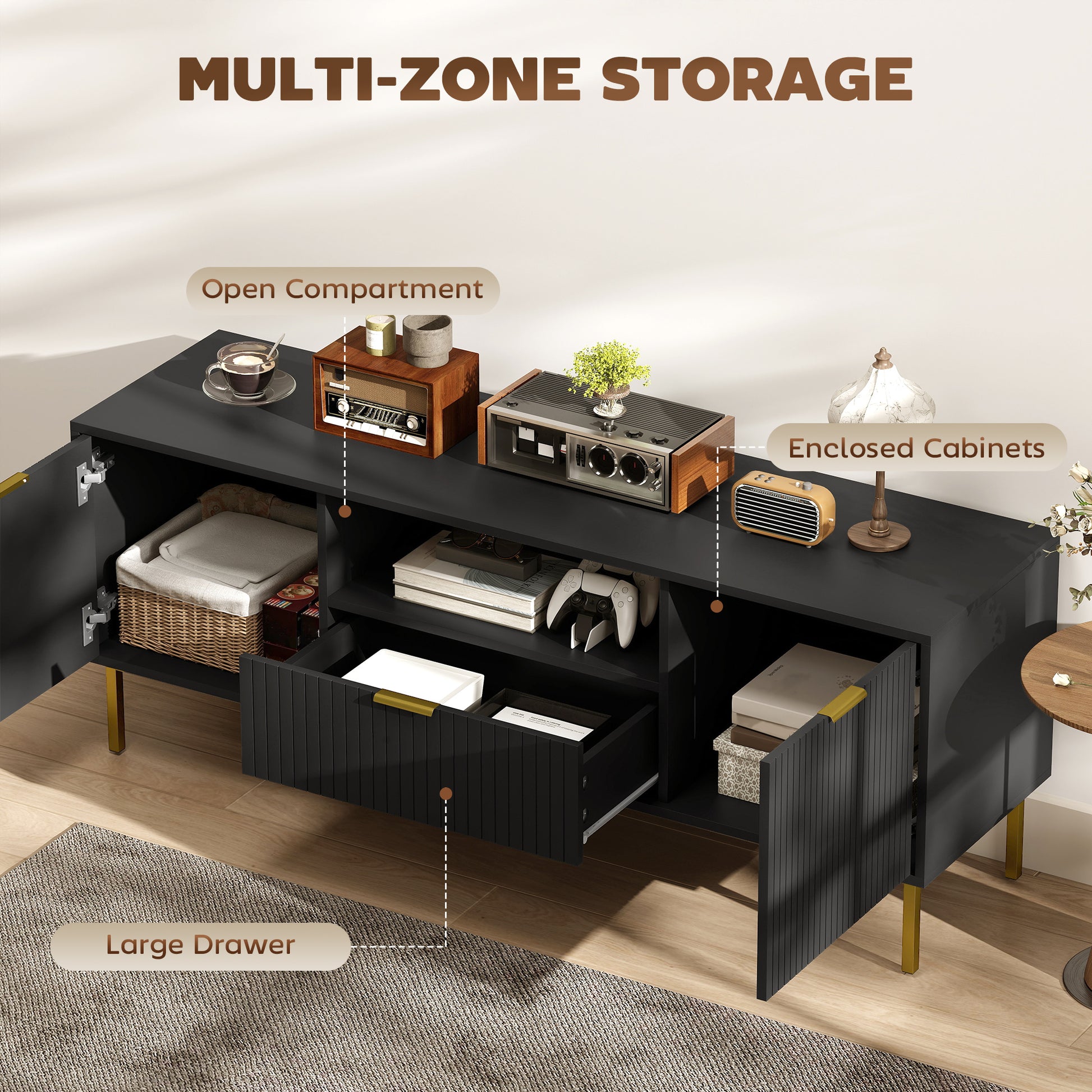 Modern TV Console for TVs up to 60 Inch, Entertainment Center with Smart RGB LED Lights and Soft Close Doors, Black-Home Furnishings > Living Room Furniture > TV¬†Stands-DECOROLALA