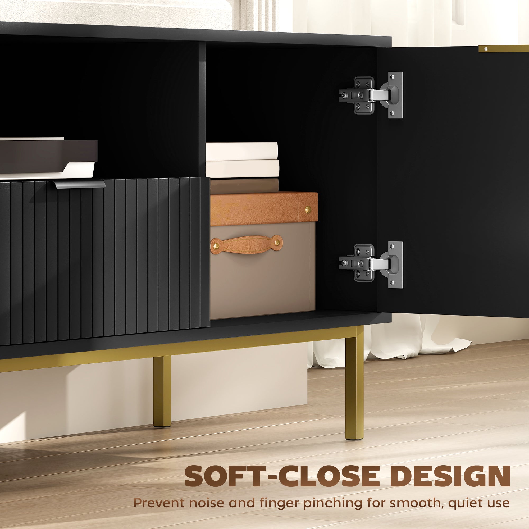 Modern TV Console for TVs up to 60 Inch, Entertainment Center with Smart RGB LED Lights and Soft Close Doors, Black-Home Furnishings > Living Room Furniture > TV¬†Stands-DECOROLALA