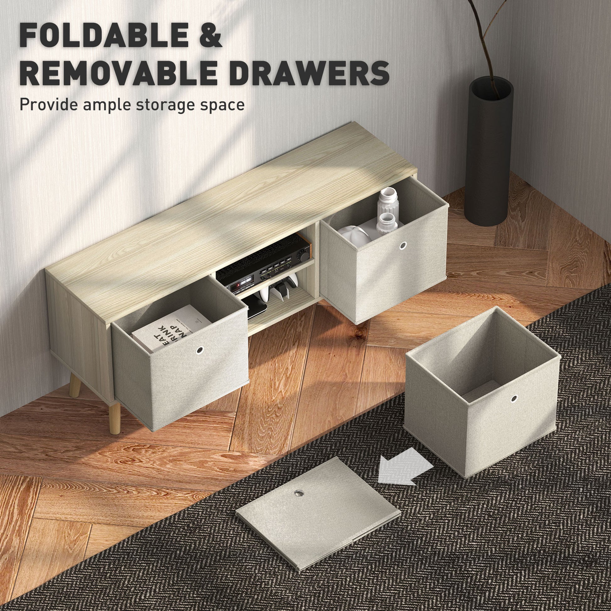 Modern TV Stand Cabinet with Foldable Drawers and Shelves for Living Room, Bedroom, Natural-Home Furnishings > Living Room Furniture > TV¬†Stands-DECOROLALA