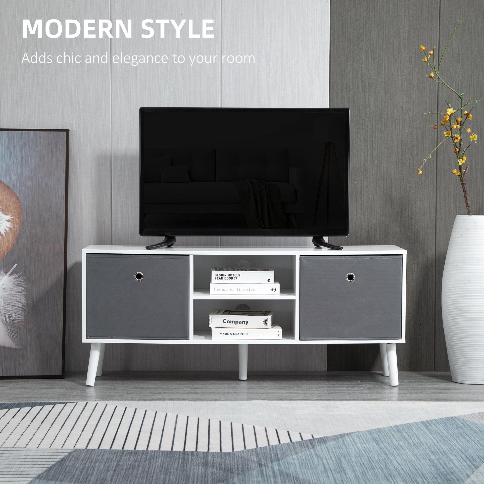 Modern TV Stand Cabinet with Foldable Drawers and Shelves for Living Room, Bedroom, White-Home Furnishings > Living Room Furniture > TV¬†Stands-DECOROLALA