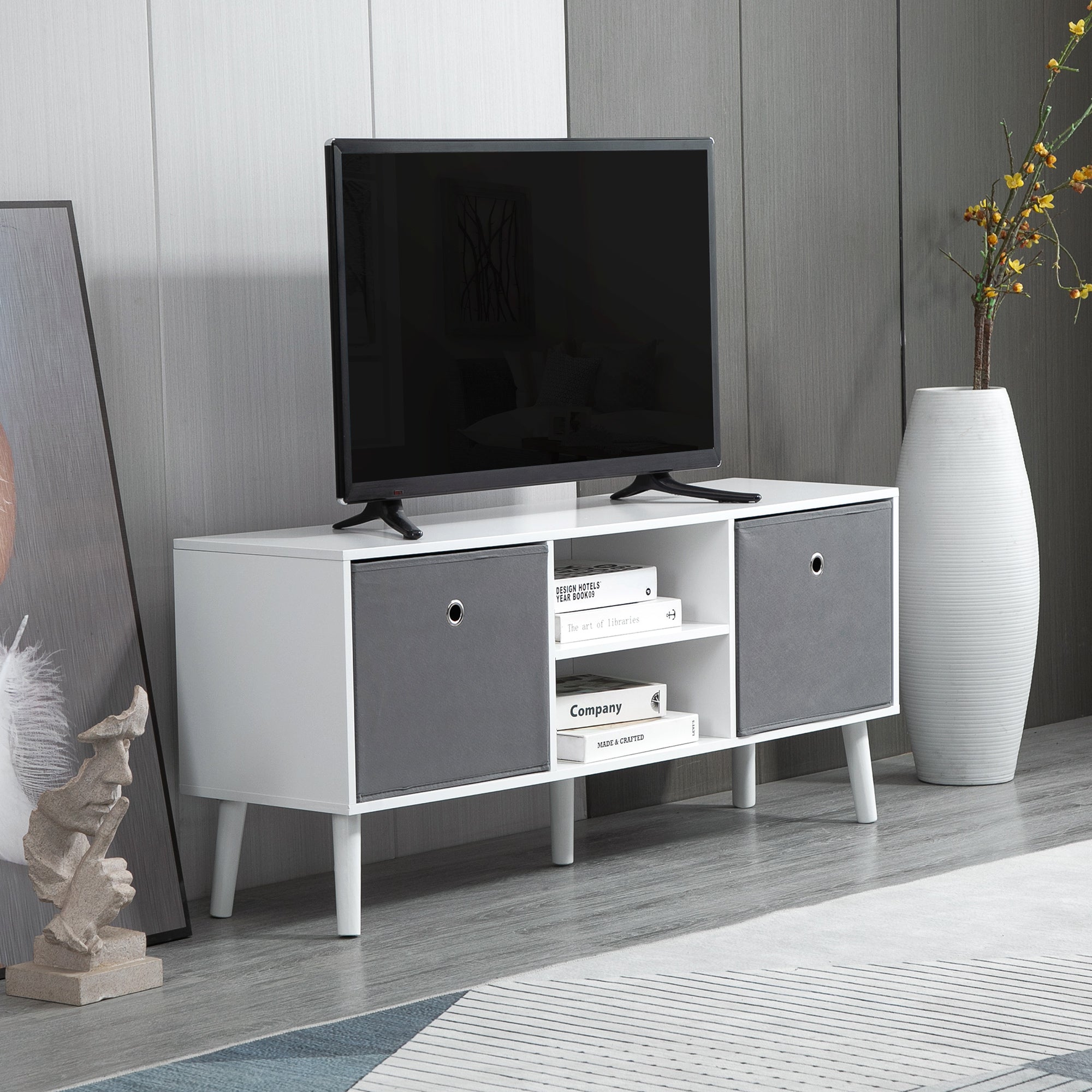 Modern TV Stand Cabinet with Foldable Drawers and Shelves for Living Room, Bedroom, White-Home Furnishings > Living Room Furniture > TV¬†Stands-DECOROLALA