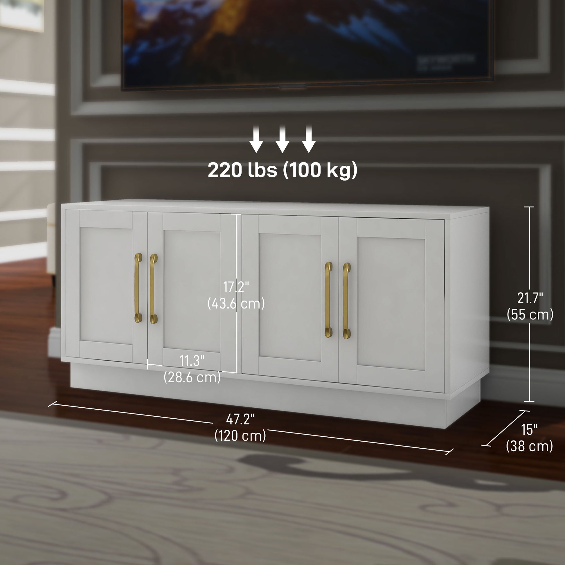 Modern TV Stand, White, 4 Hinged Doors, 2 Shelves, 4 Cable Holes, 50-55" TV-DECOROLALA