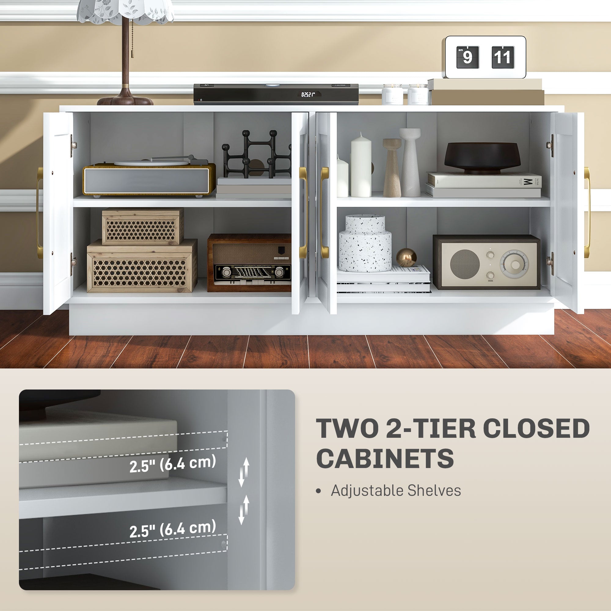 Modern TV Stand, White, 4 Hinged Doors, 2 Shelves, 4 Cable Holes, 50-55" TV-DECOROLALA