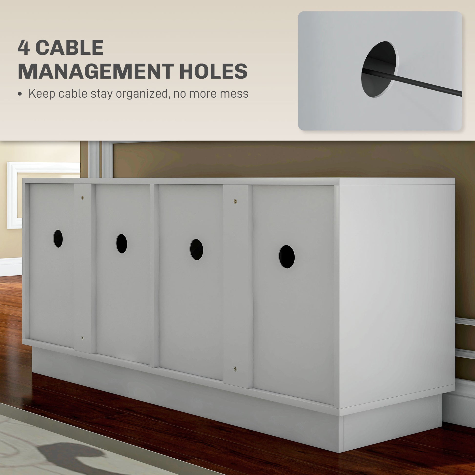 Modern TV Stand, White, 4 Hinged Doors, 2 Shelves, 4 Cable Holes, 50-55" TV-DECOROLALA