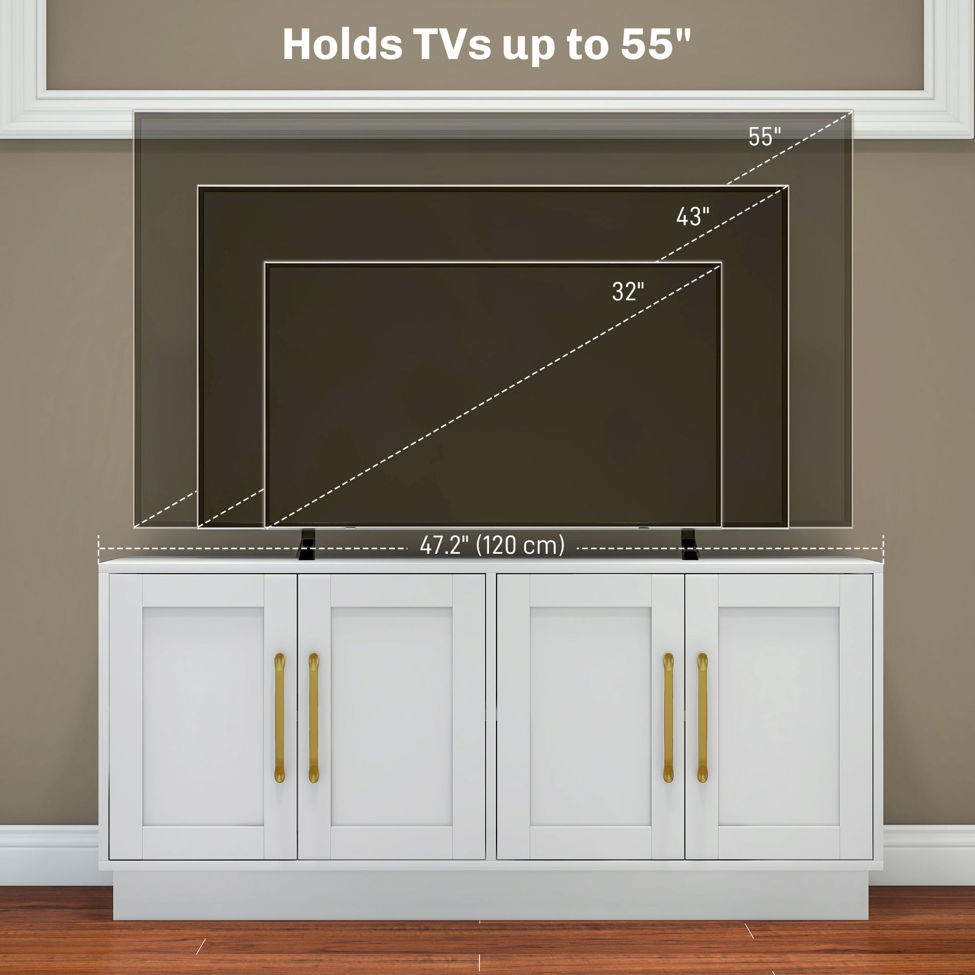 Modern TV Stand, White, 4 Hinged Doors, 2 Shelves, 4 Cable Holes, 50-55" TV-DECOROLALA