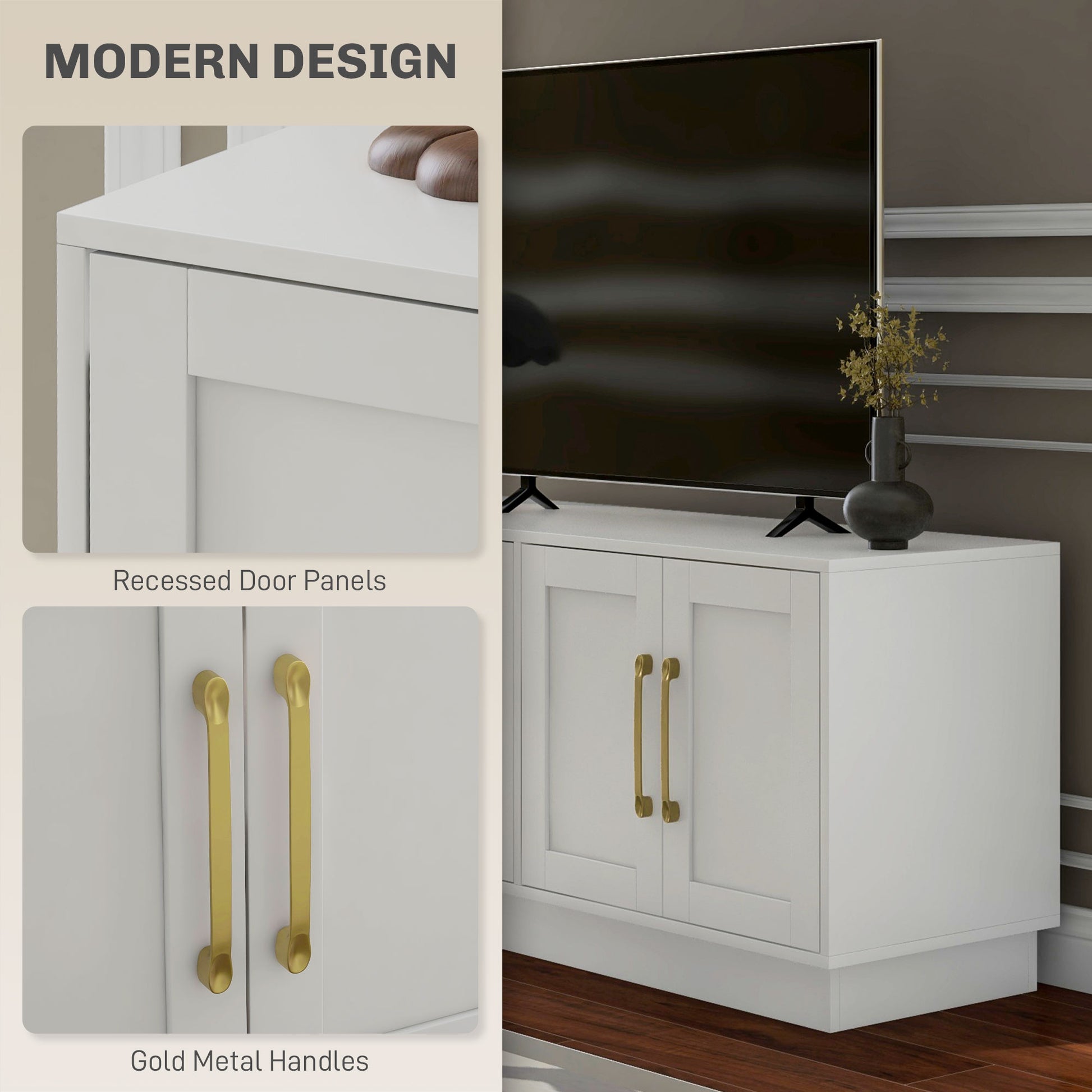 Modern TV Stand, White, 4 Hinged Doors, 2 Shelves, 4 Cable Holes, 50-55" TV-DECOROLALA