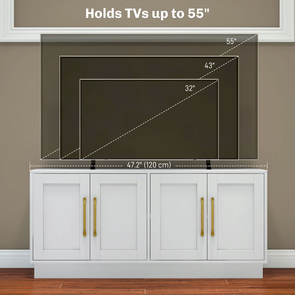 Modern TV Stand, White, 4 Hinged Doors, 2 Shelves, 4 Cable Holes, 50-55" TV-DECOROLALA