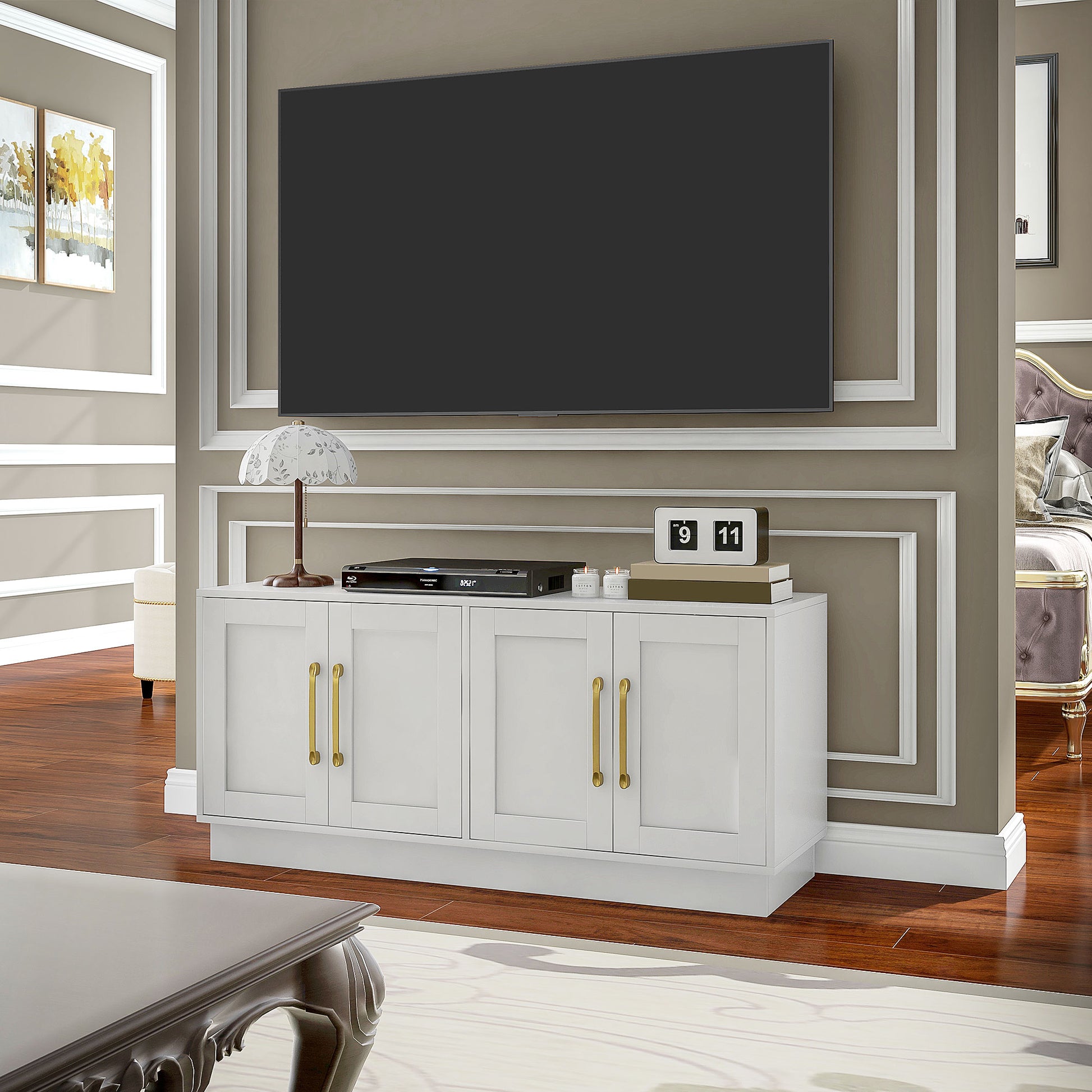 Modern TV Stand, White, 4 Hinged Doors, 2 Shelves, 4 Cable Holes, 50-55" TV-DECOROLALA
