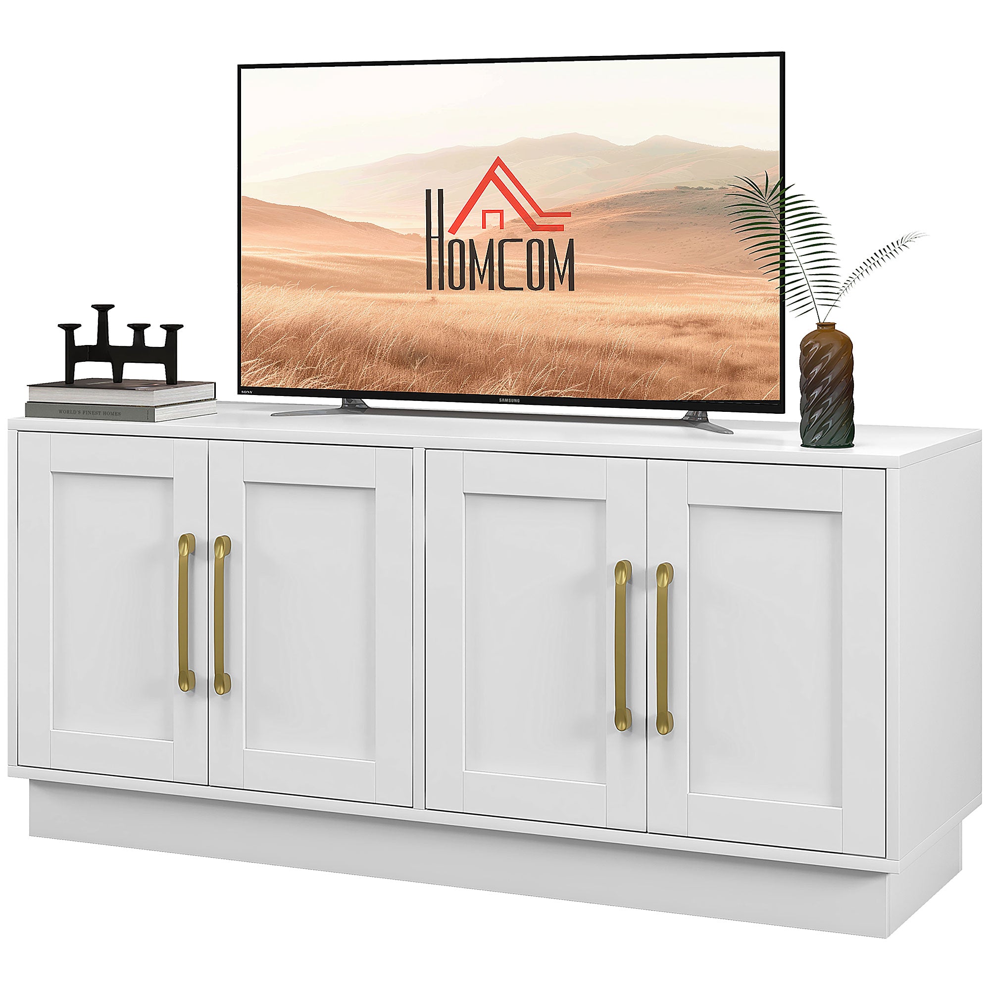 Modern TV Stand, White, 4 Hinged Doors, 2 Shelves, 4 Cable Holes, 50-55" TV-DECOROLALA