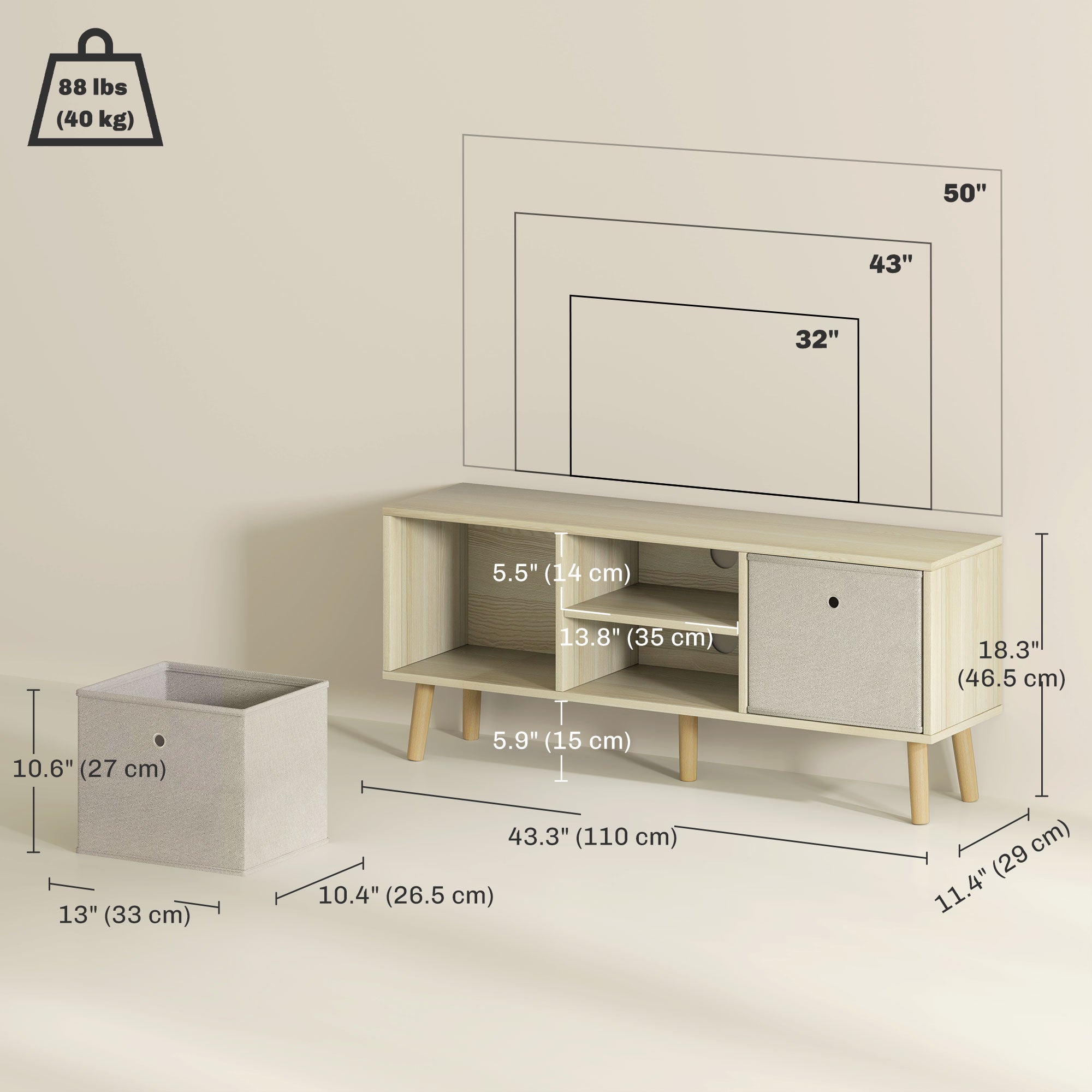 Modern TV Stand for 50" TV with Fabric Drawers - Natural-Home Furnishings > Living Room Furniture > TV¬†Stands-DECOROLALA