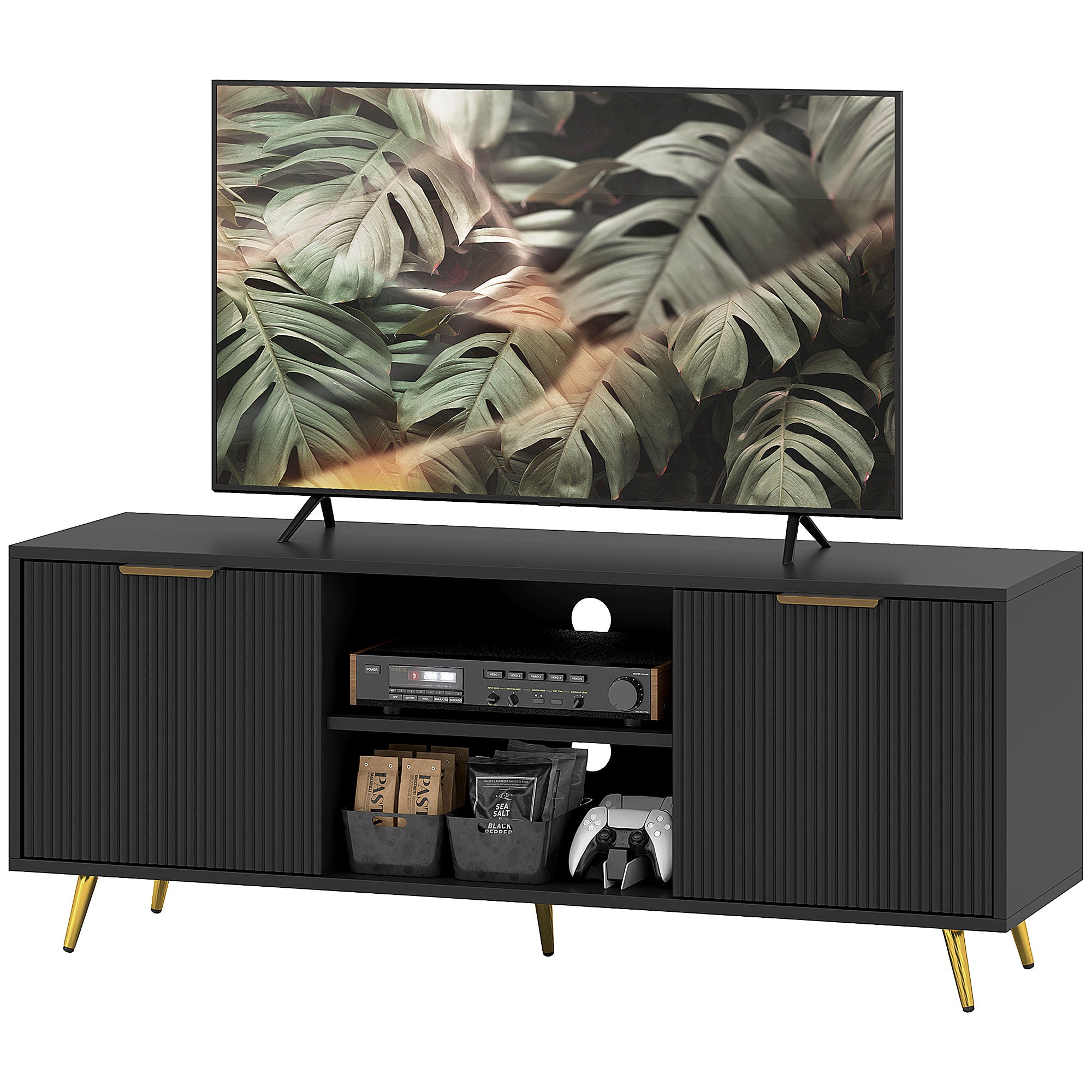 Modern TV Stand for 55 Inch TV - Black Fluted Cabinet-Home Furnishings > Living Room Furniture > TV¬†Stands-DECOROLALA