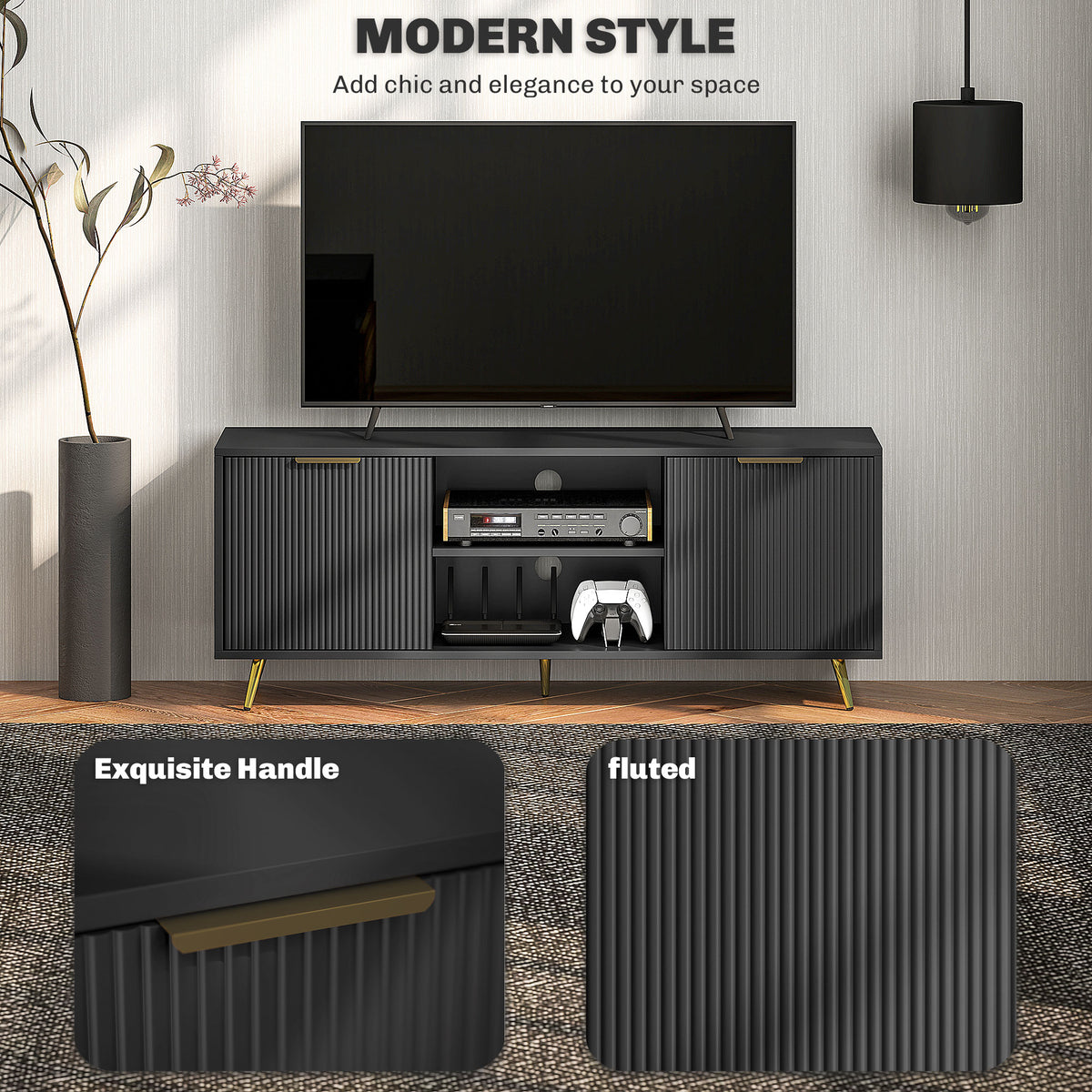 Modern TV Stand for 55 Inch TV - Black Fluted Cabinet-TV Stands-DECOROLALA