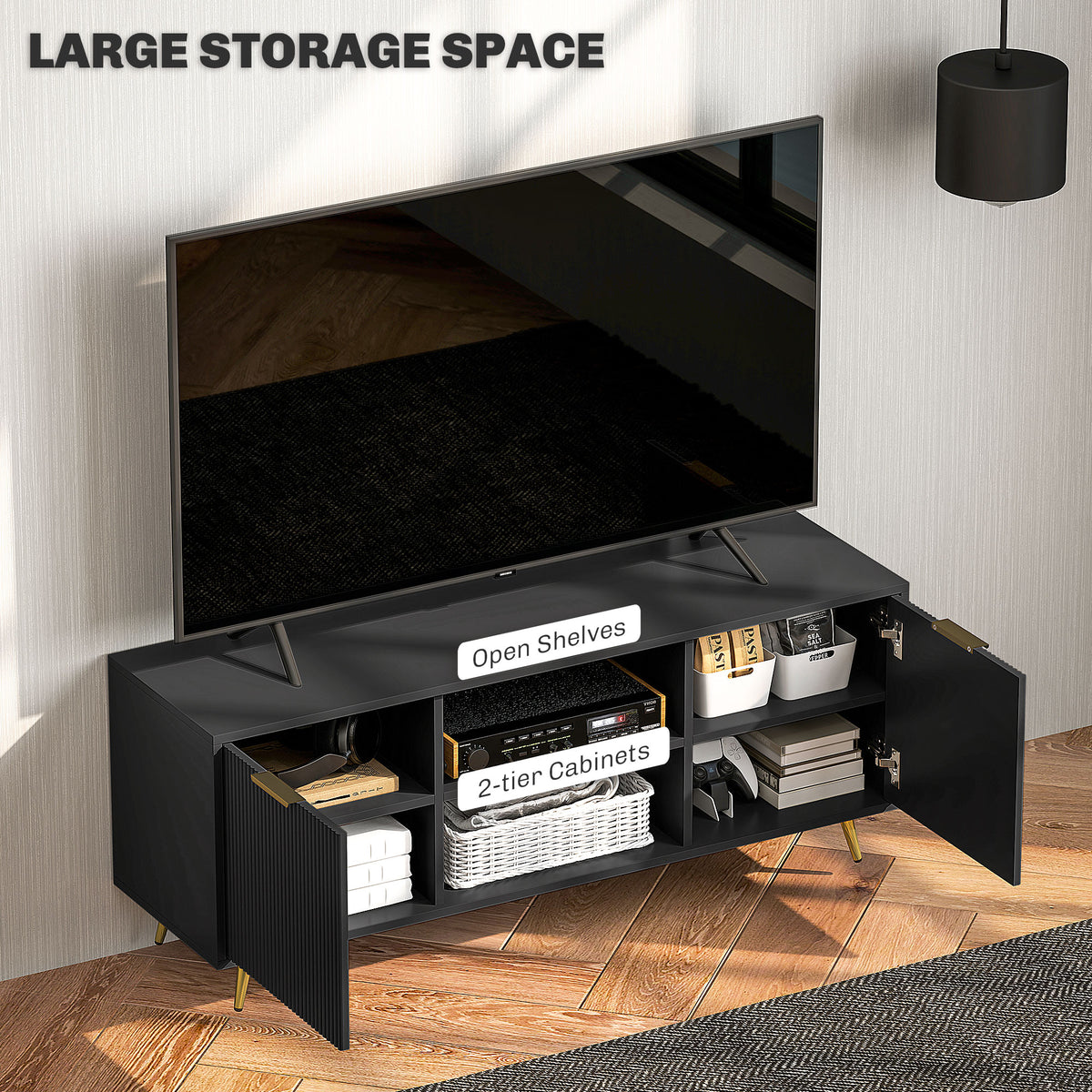 Modern TV Stand for 55 Inch TV - Black Fluted Cabinet-TV Stands-DECOROLALA