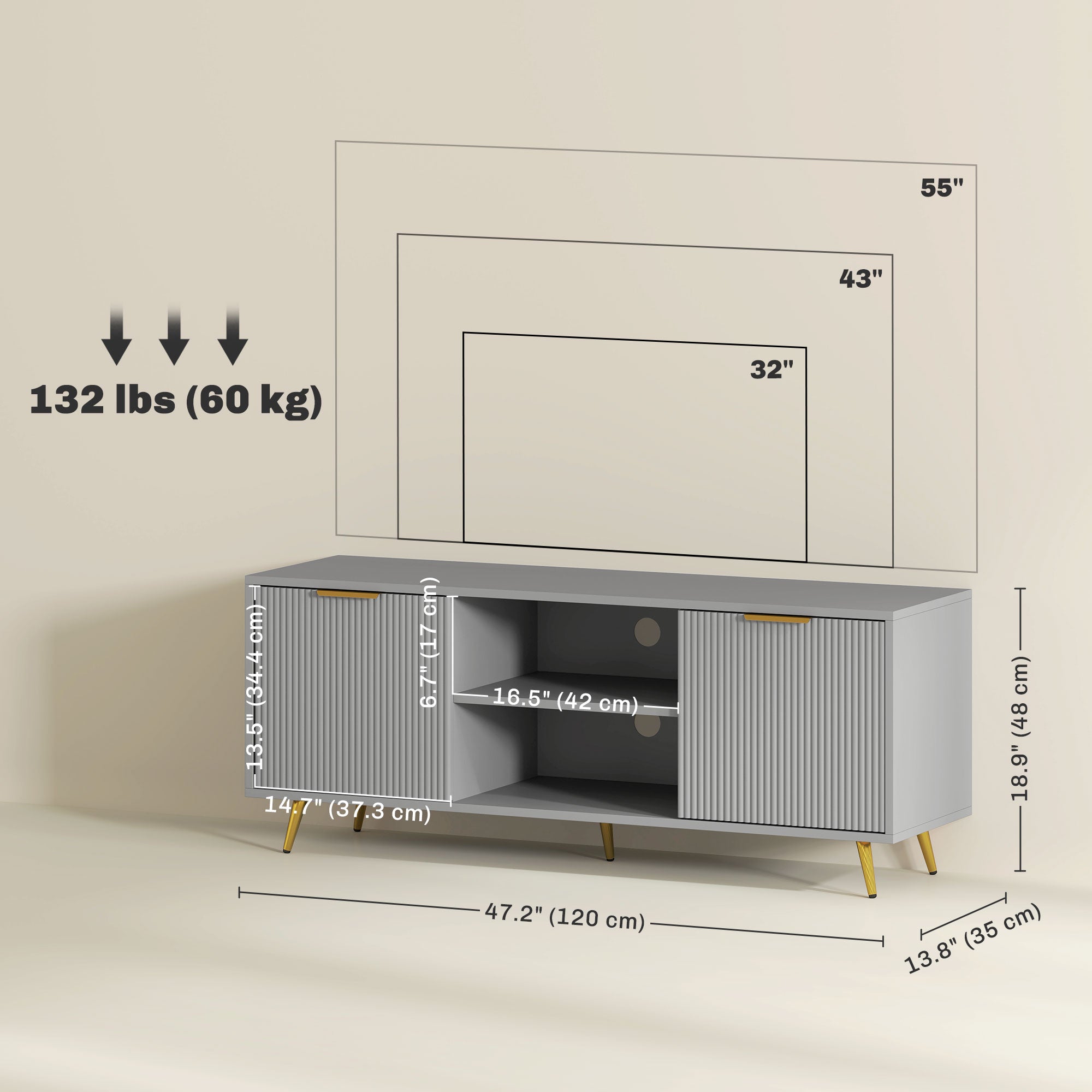 Modern TV Stand for 55 Inch TV - Grey Fluted Cabinet-Home Furnishings > Living Room Furniture > TV¬†Stands-DECOROLALA