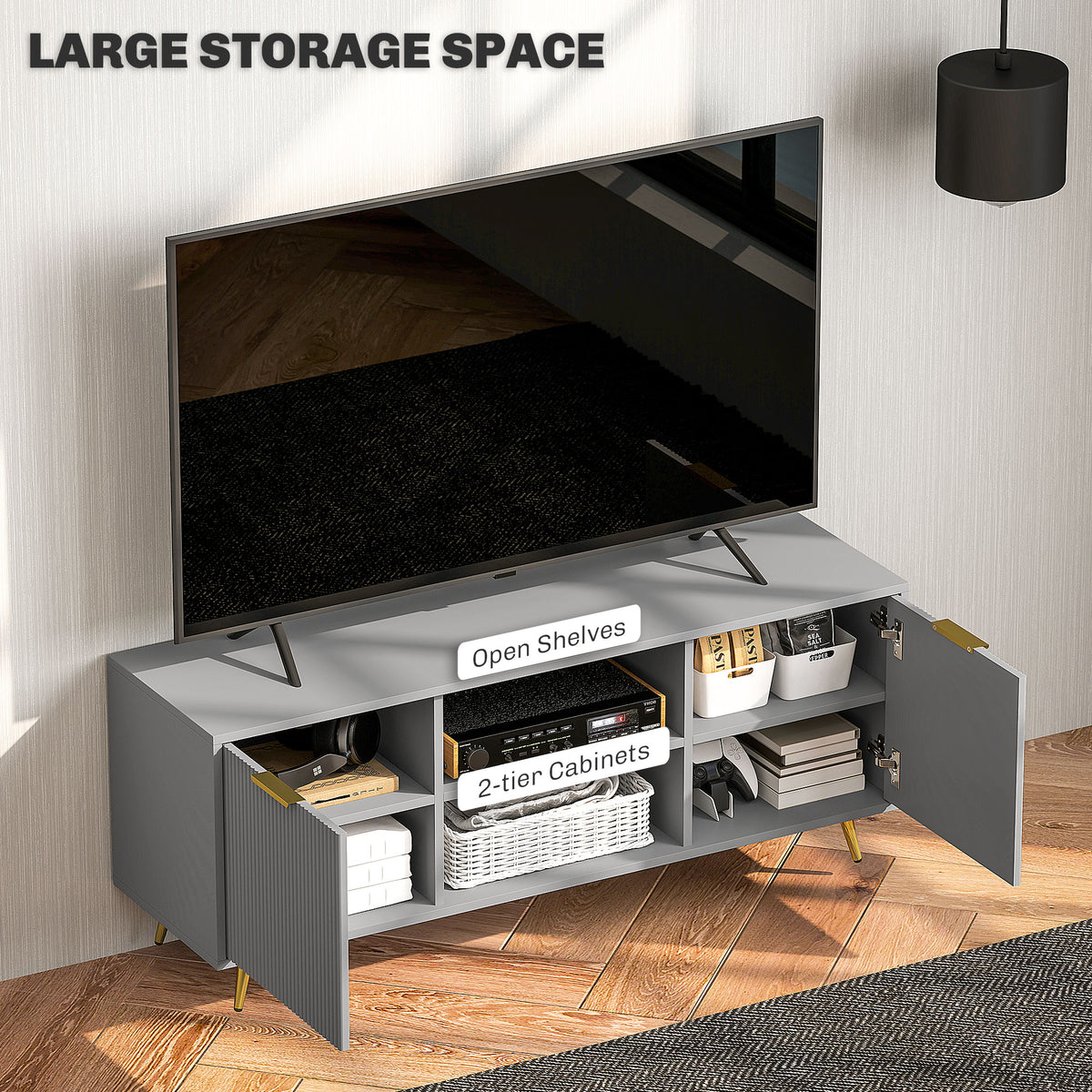 Modern TV Stand for 55 Inch TV - Grey Fluted Cabinet-TV Stands-DECOROLALA