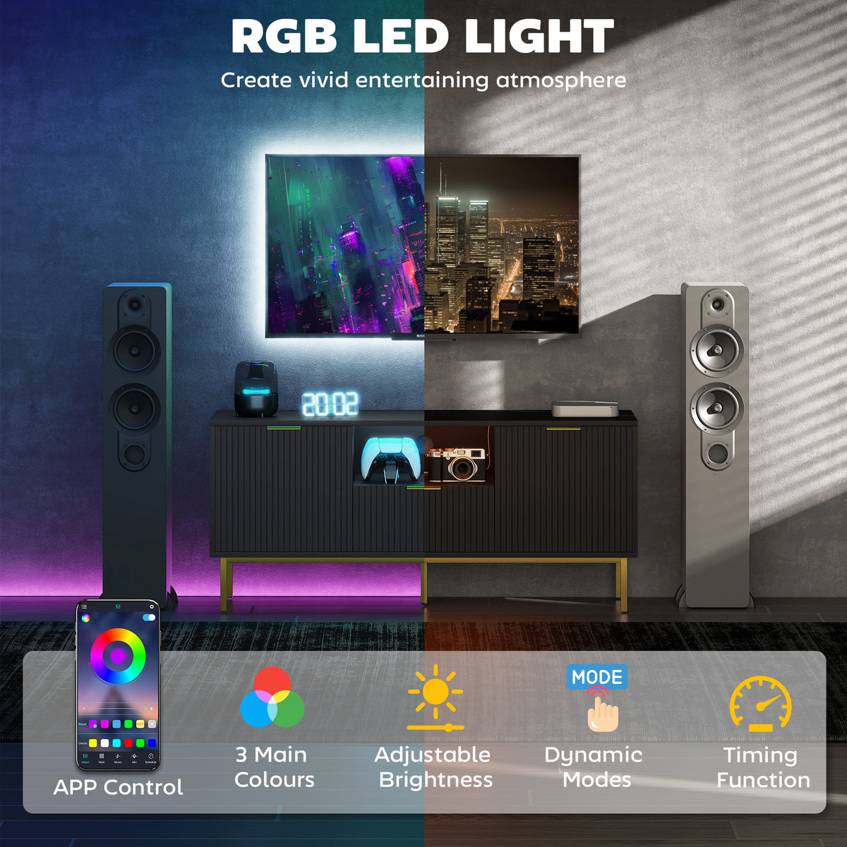 Modern TV Stand for TVs up to 50" with RGB LED Lights - Black-Home Furnishings > Living Room Furniture > TV¬†Stands-DECOROLALA