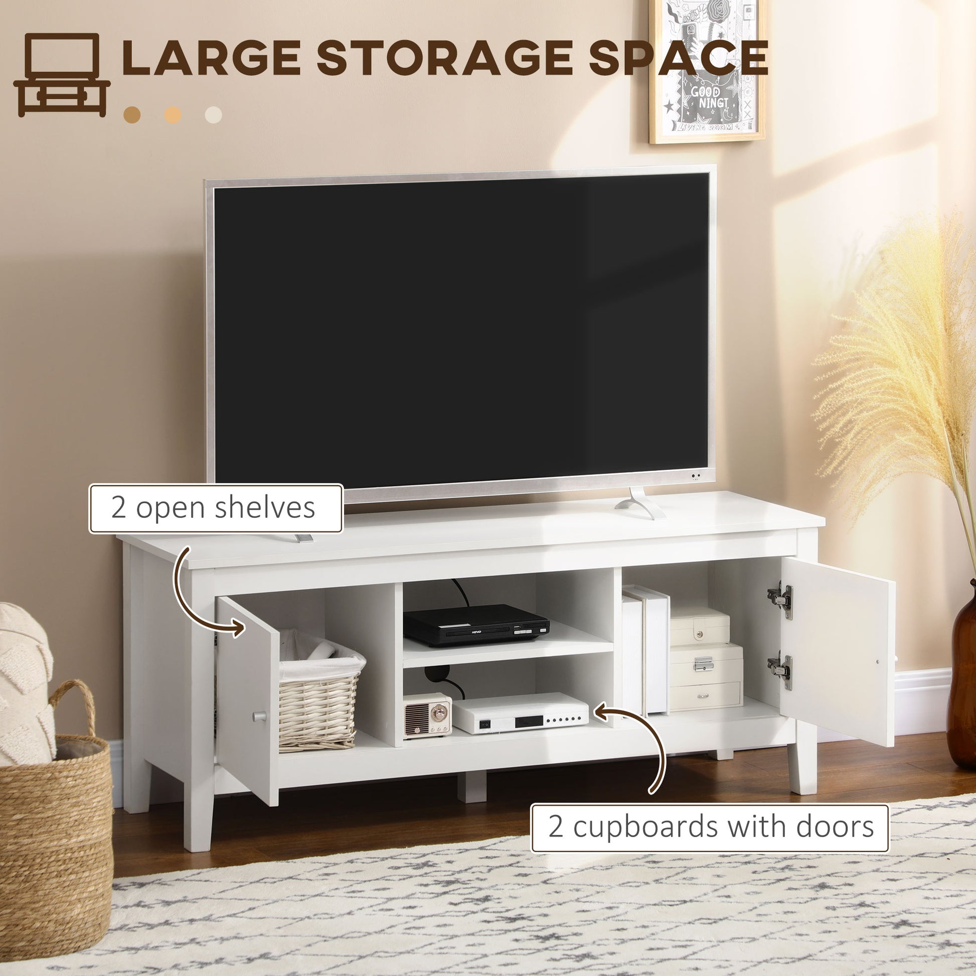 Modern TV Stand for TVs up to 55", TV Bench with Storage Cupboards and Shelves, 47.2" x 16.7" x 19.7", White-Home Furnishings > Living Room Furniture > TV¬†Stands-DECOROLALA