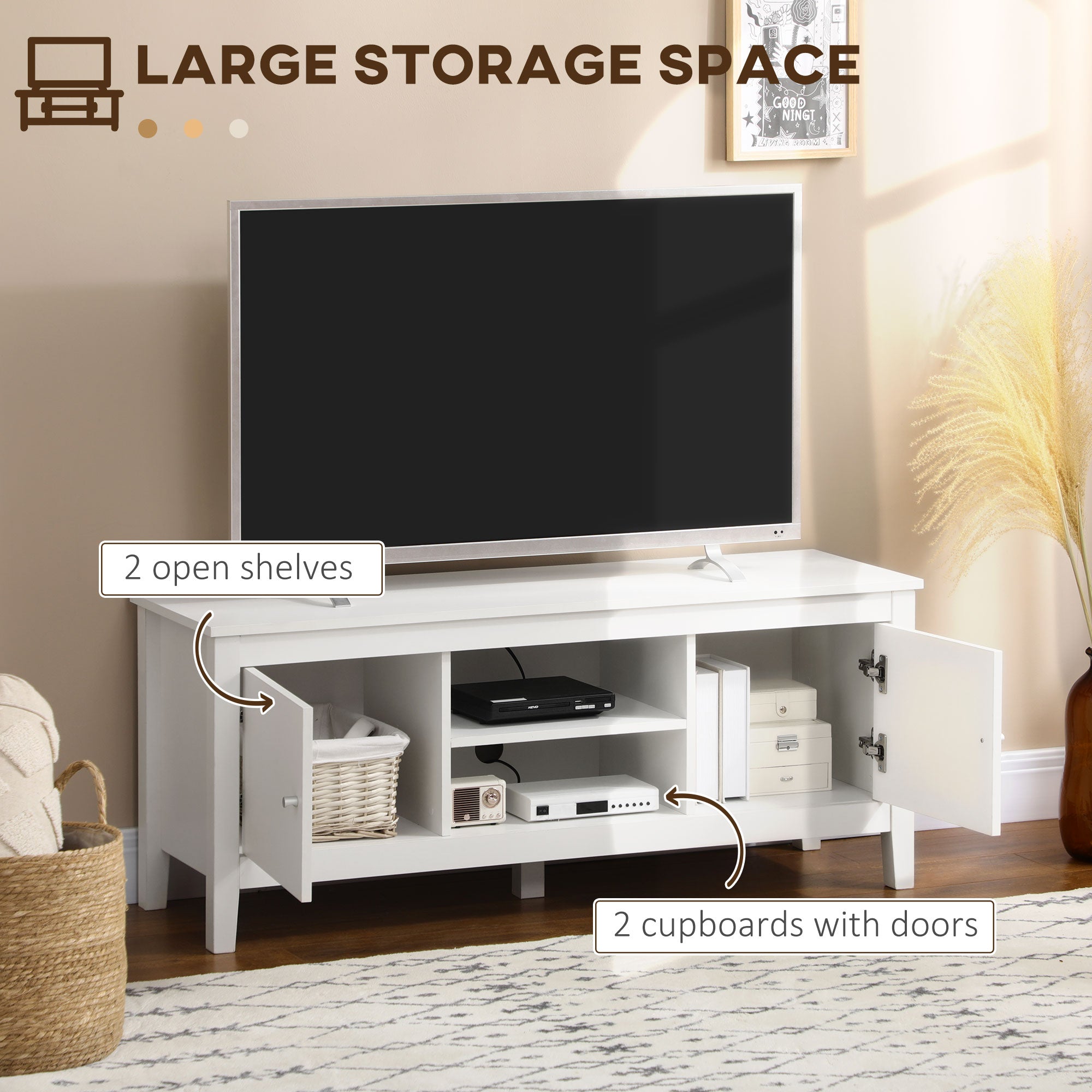 Modern TV Stand for TVs up to 55", TV Bench with Storage Cupboards and Shelves, 47.2" x 16.7" x 19.7", White-Home Furnishings > Living Room Furniture > TV¬†Stands-DECOROLALA