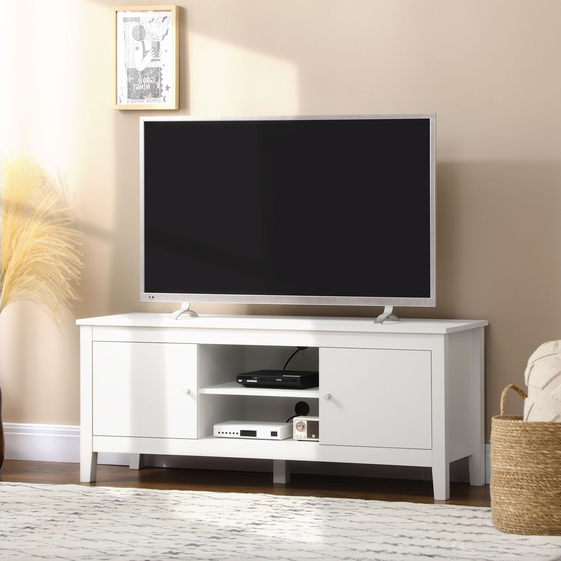 Modern TV Stand for TVs up to 55", TV Bench with Storage Cupboards and Shelves, 47.2" x 16.7" x 19.7", White-Home Furnishings > Living Room Furniture > TV¬†Stands-DECOROLALA